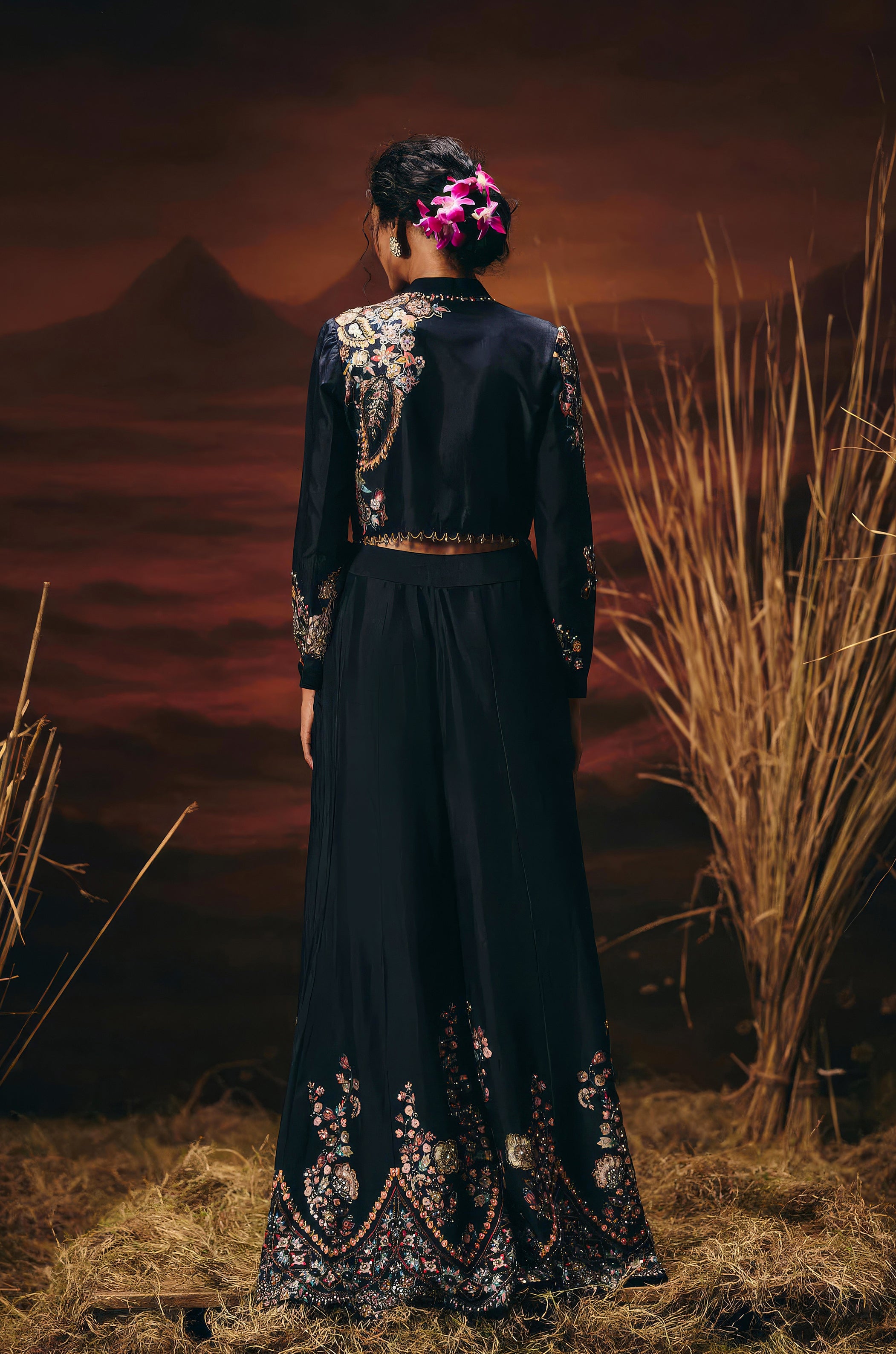 Classic Black Embellished Raw Silk Palazzo Set