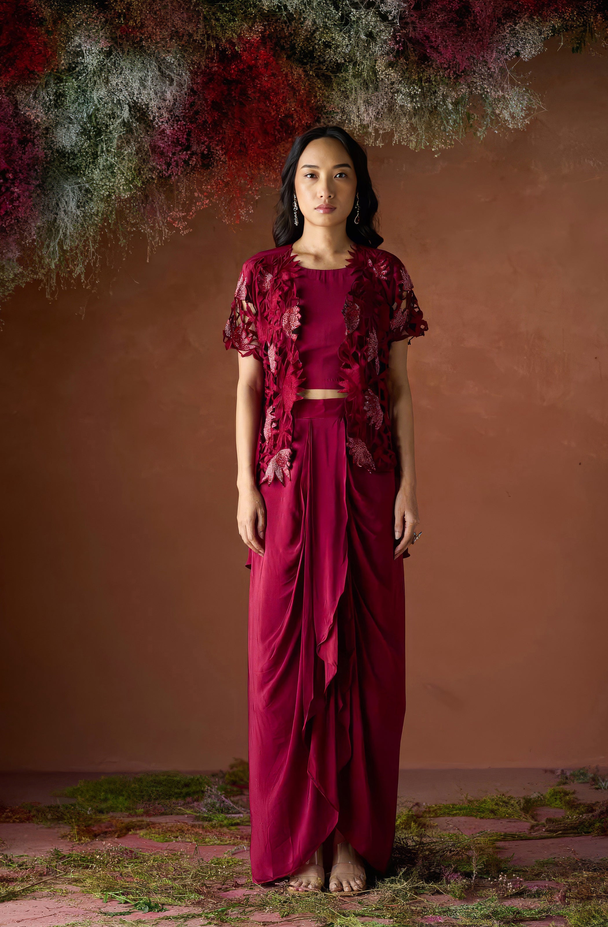 Maroon Red Embellished Premium Silk Skirt Set
