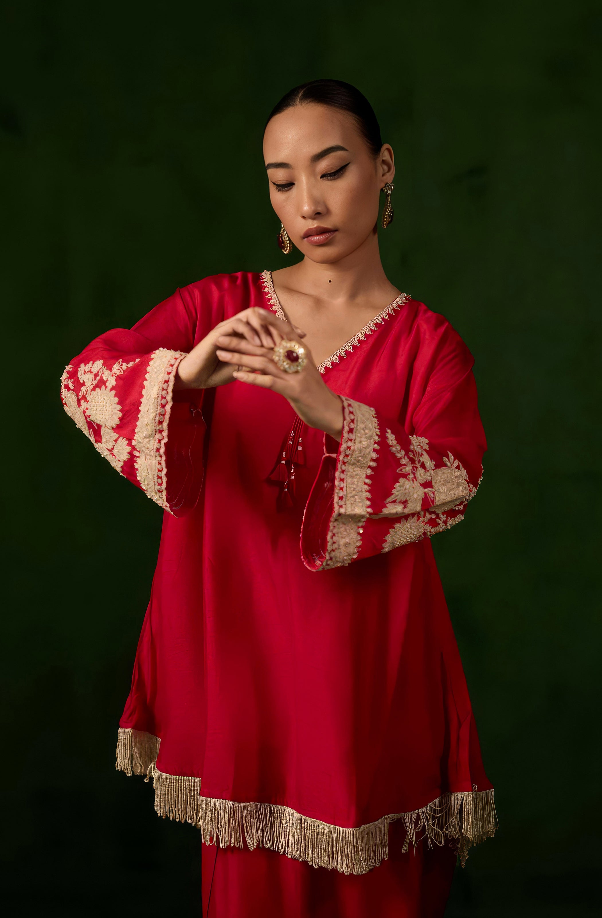 Bright Red Embellished Raw Silk Co-Ord Set