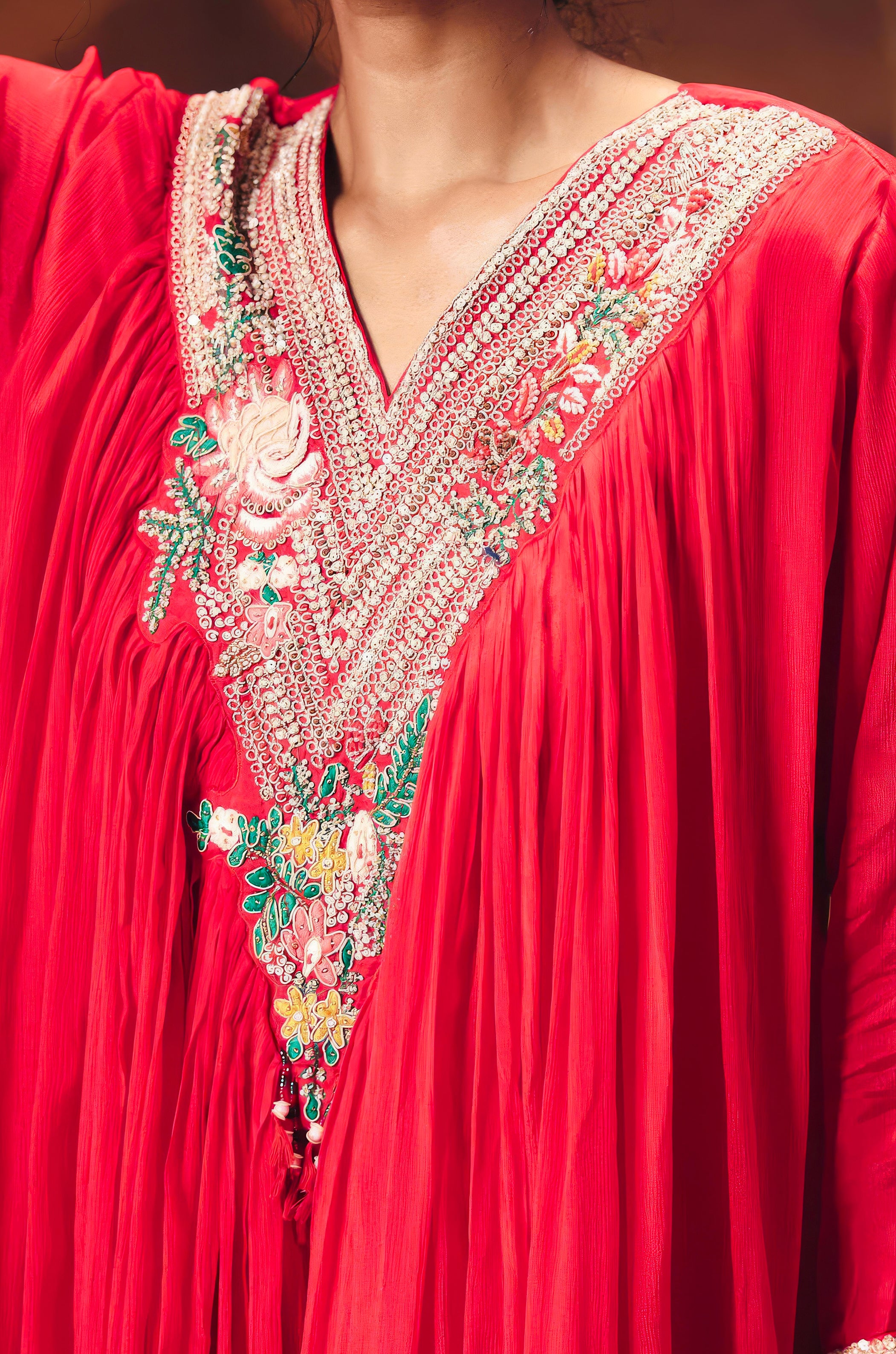 Coral Red Embellished Chinon Silk Sharara Set