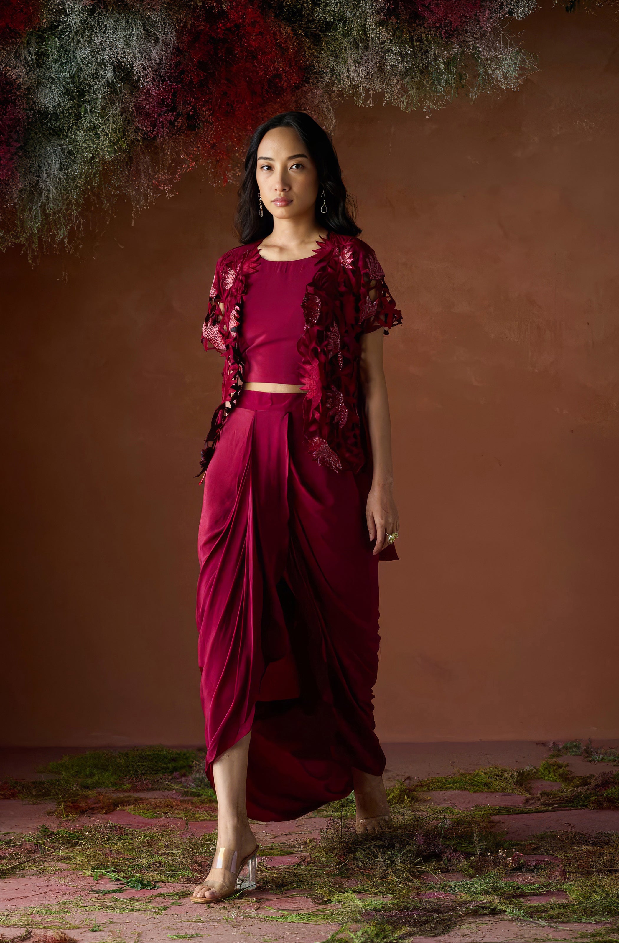Maroon Red Embellished Premium Silk Skirt Set