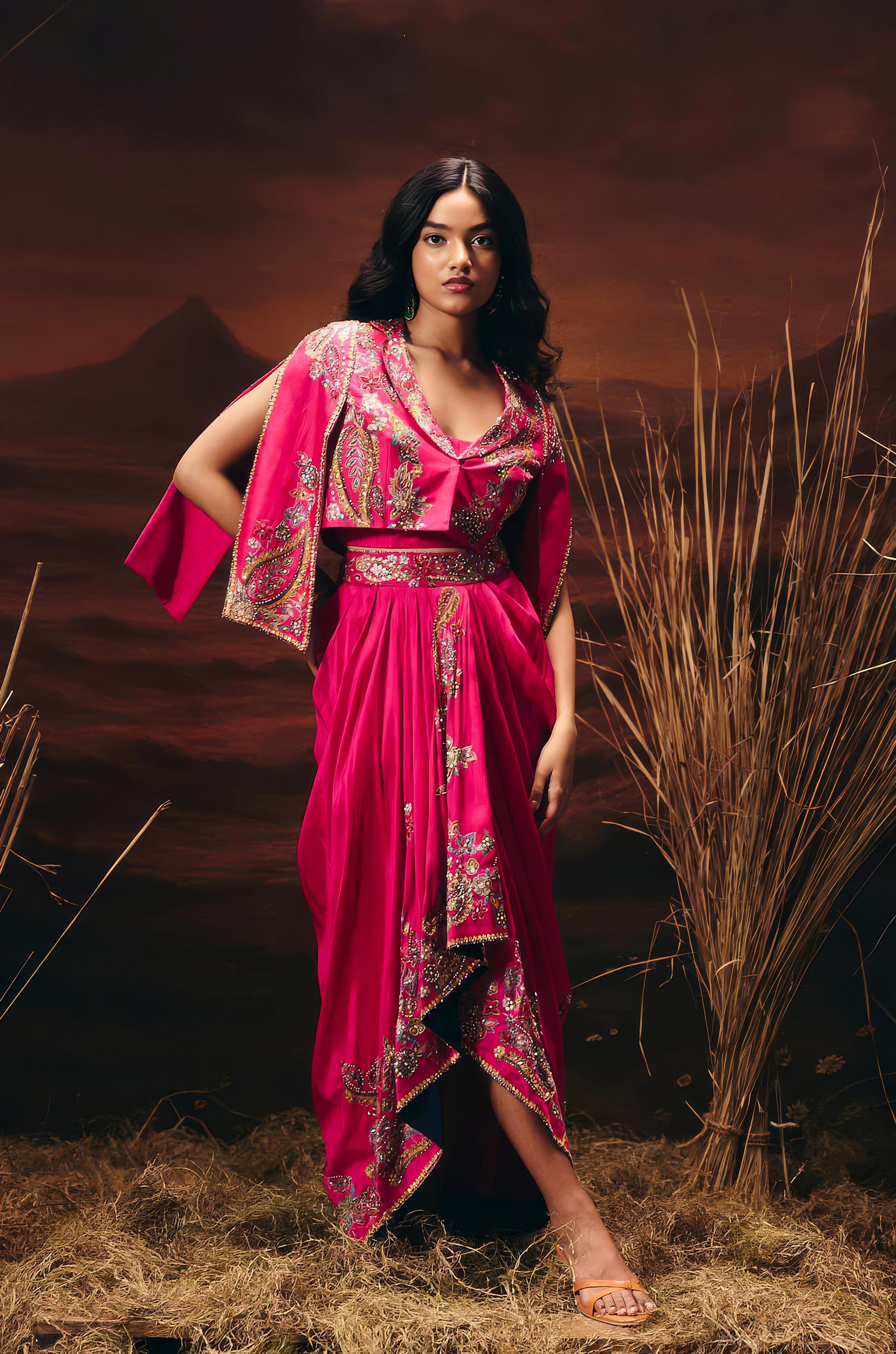 Electric Pink Embellished Chinon Silk Skirt Set