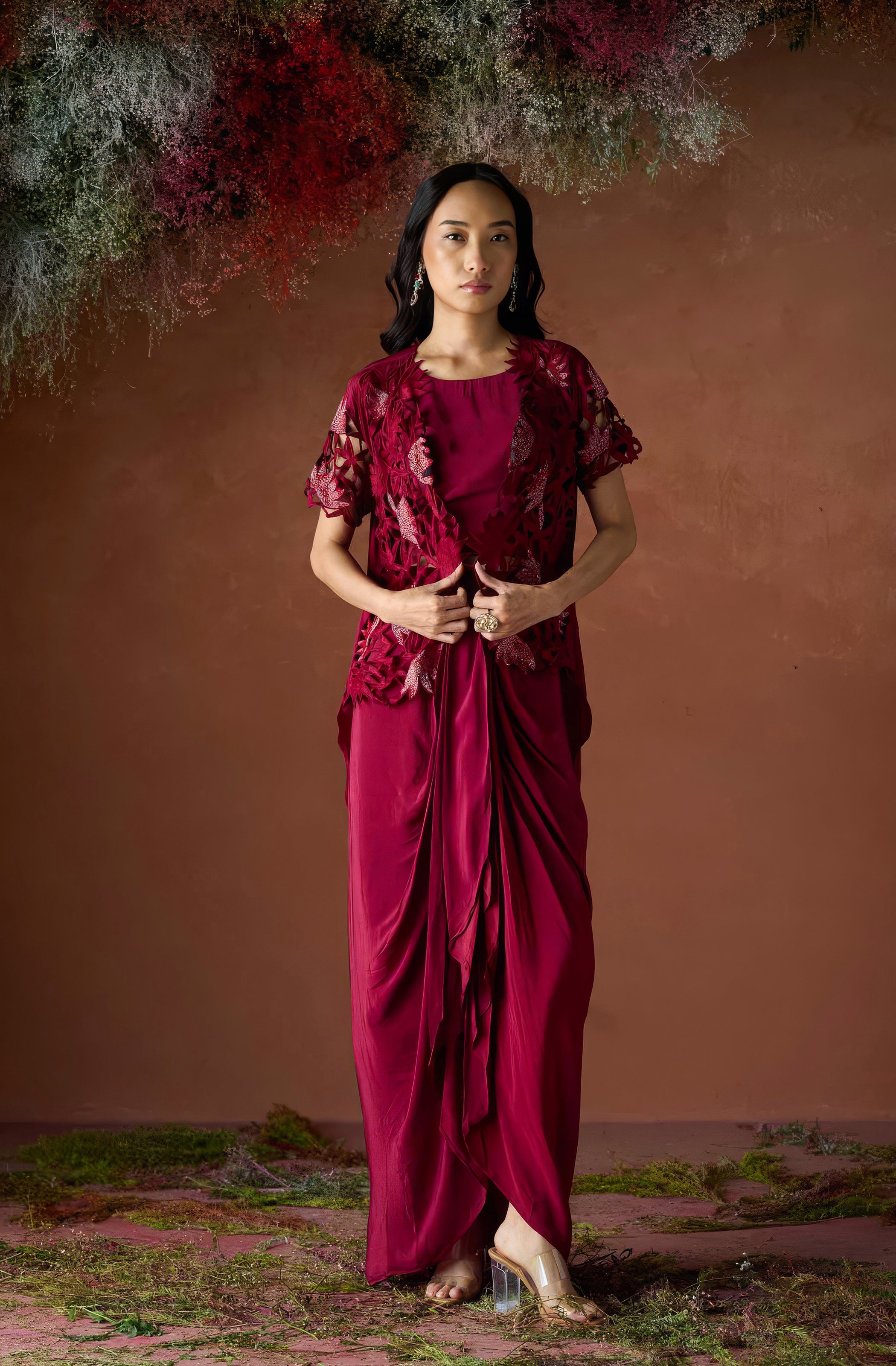 Maroon Red Embellished Premium Silk Skirt Set