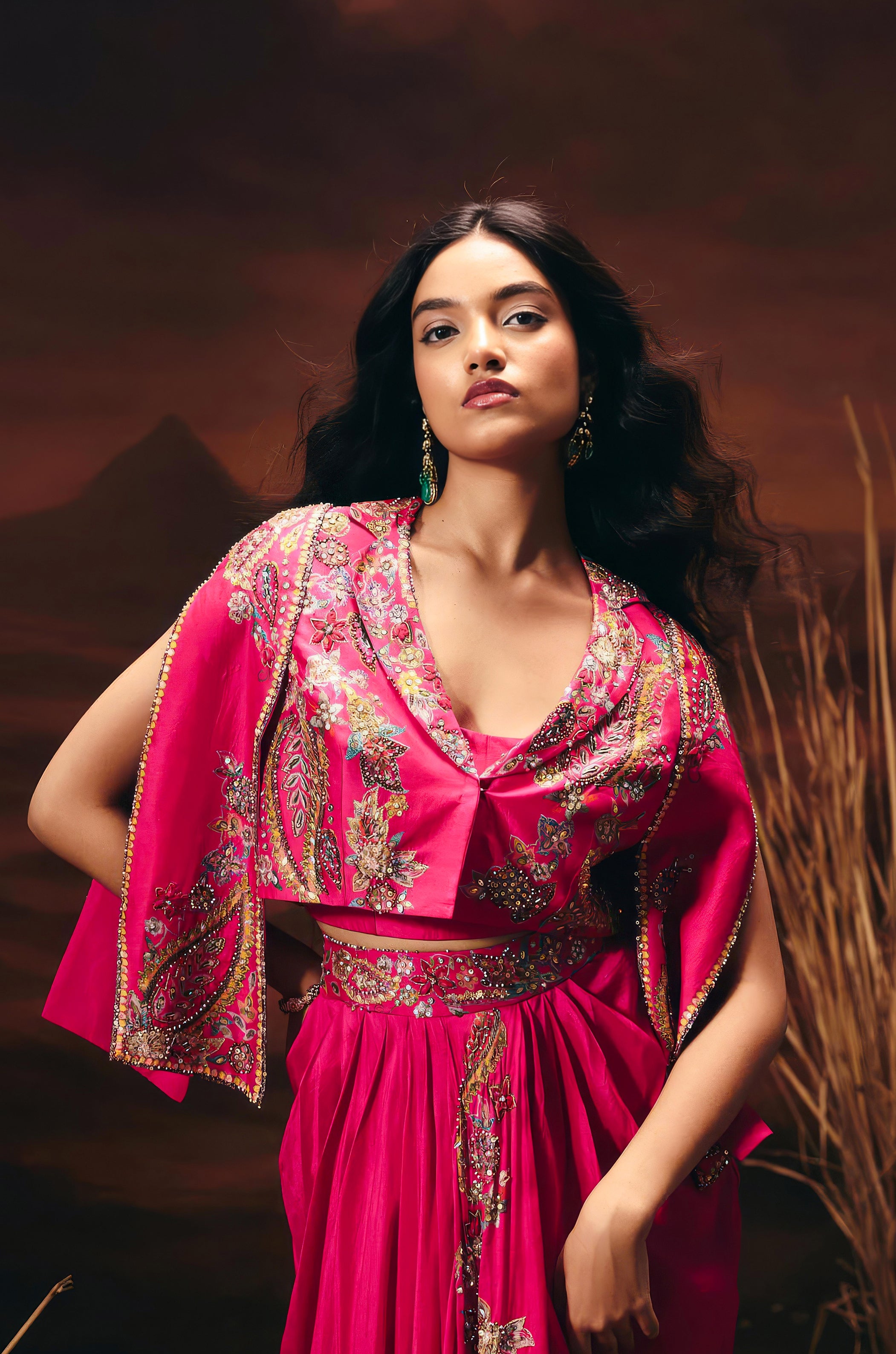 Electric Pink Embellished Chinon Silk Skirt Set