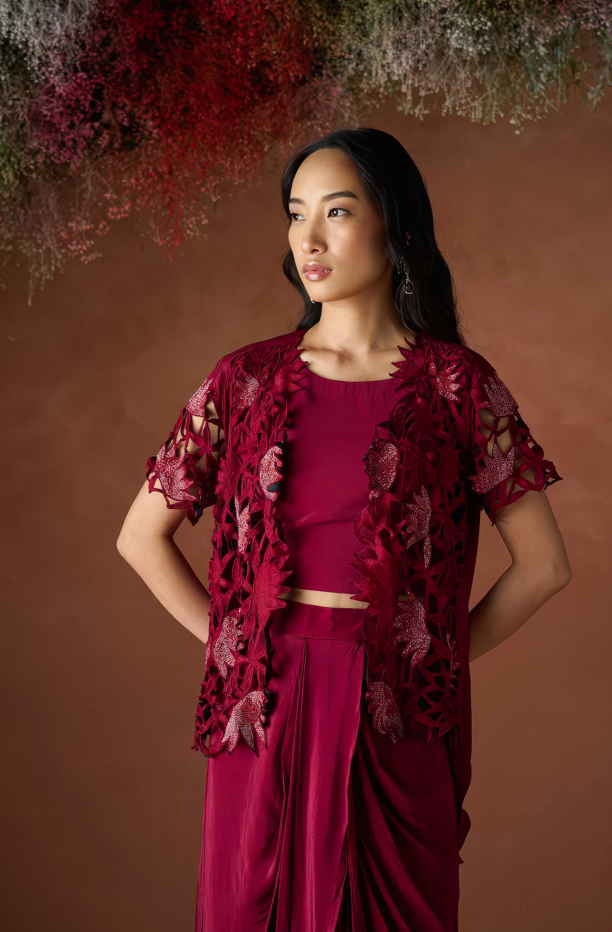 Maroon Red Embellished Premium Silk Skirt Set