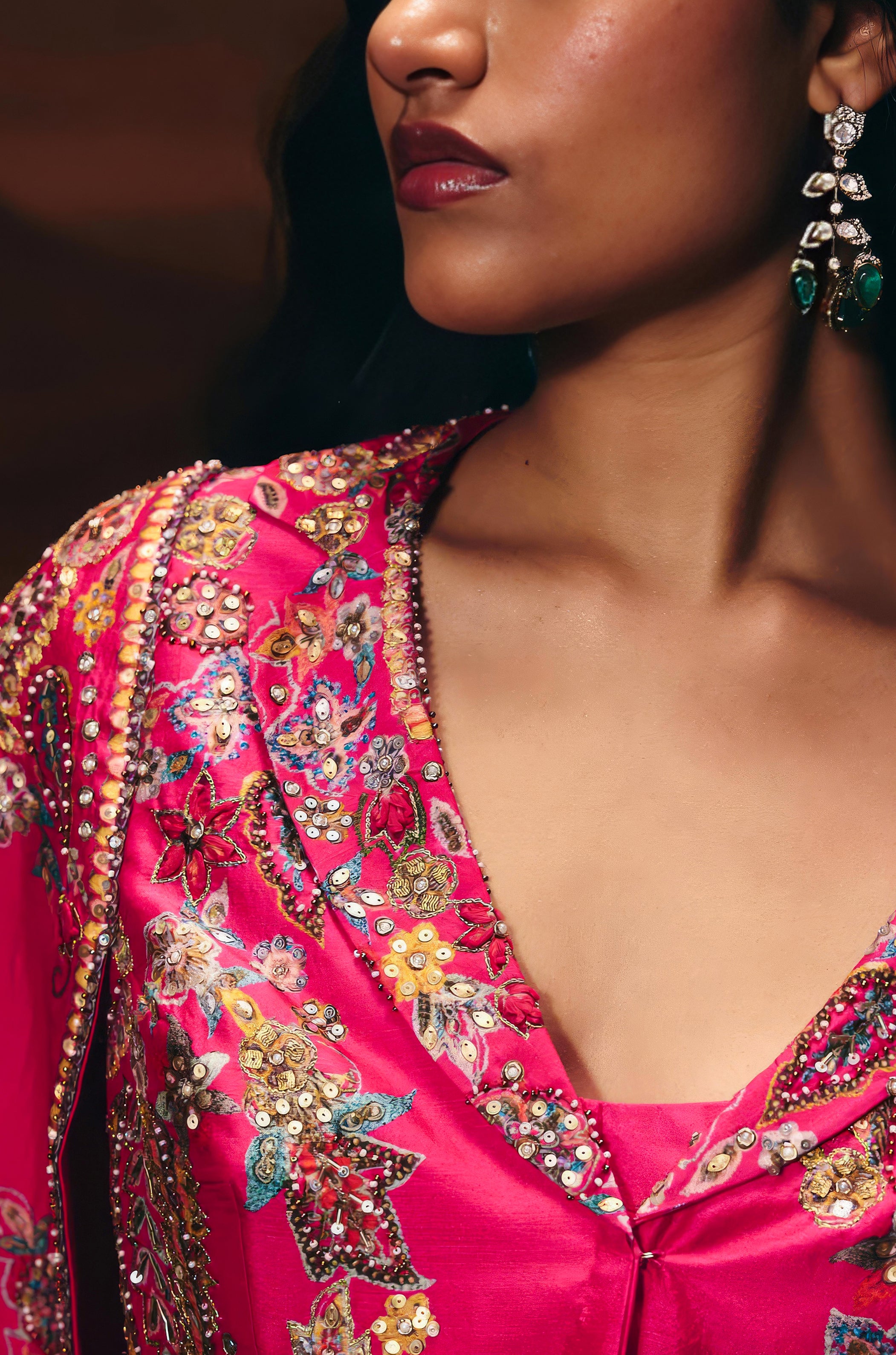 Electric Pink Embellished Chinon Silk Skirt Set