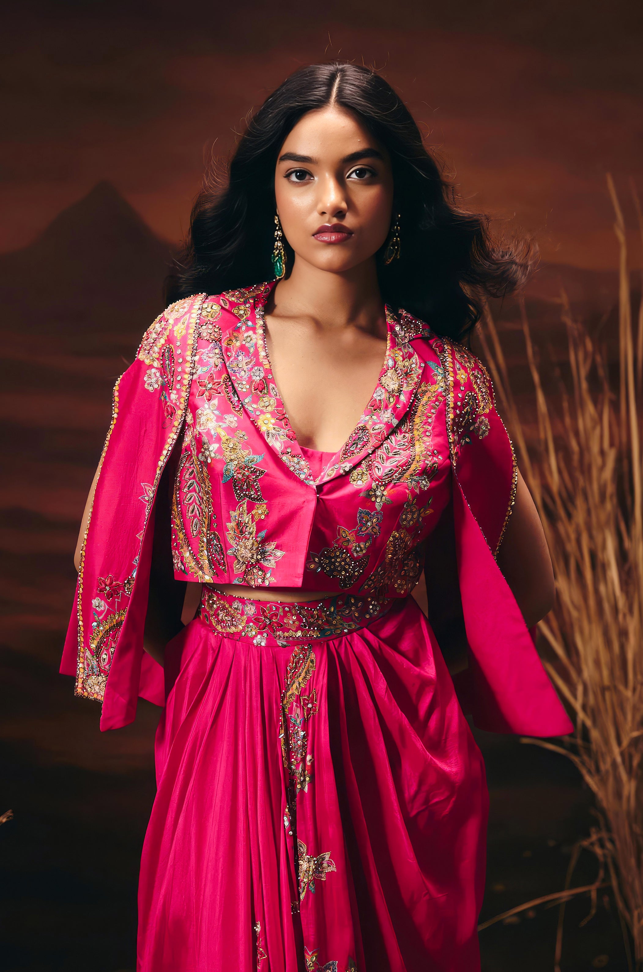 Electric Pink Embellished Chinon Silk Skirt Set