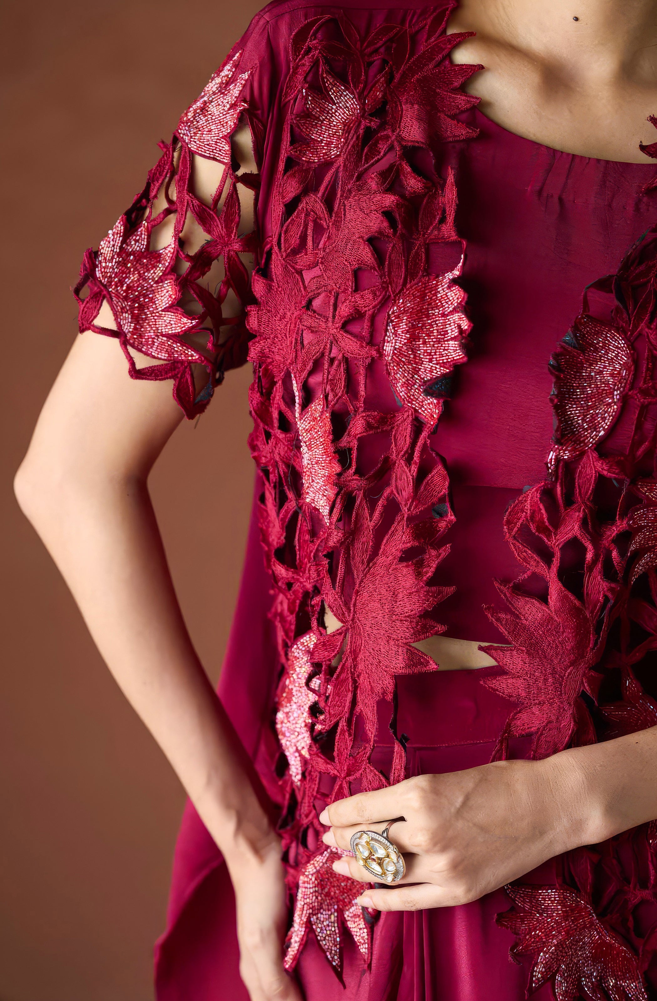 Maroon Red Embellished Premium Silk Skirt Set