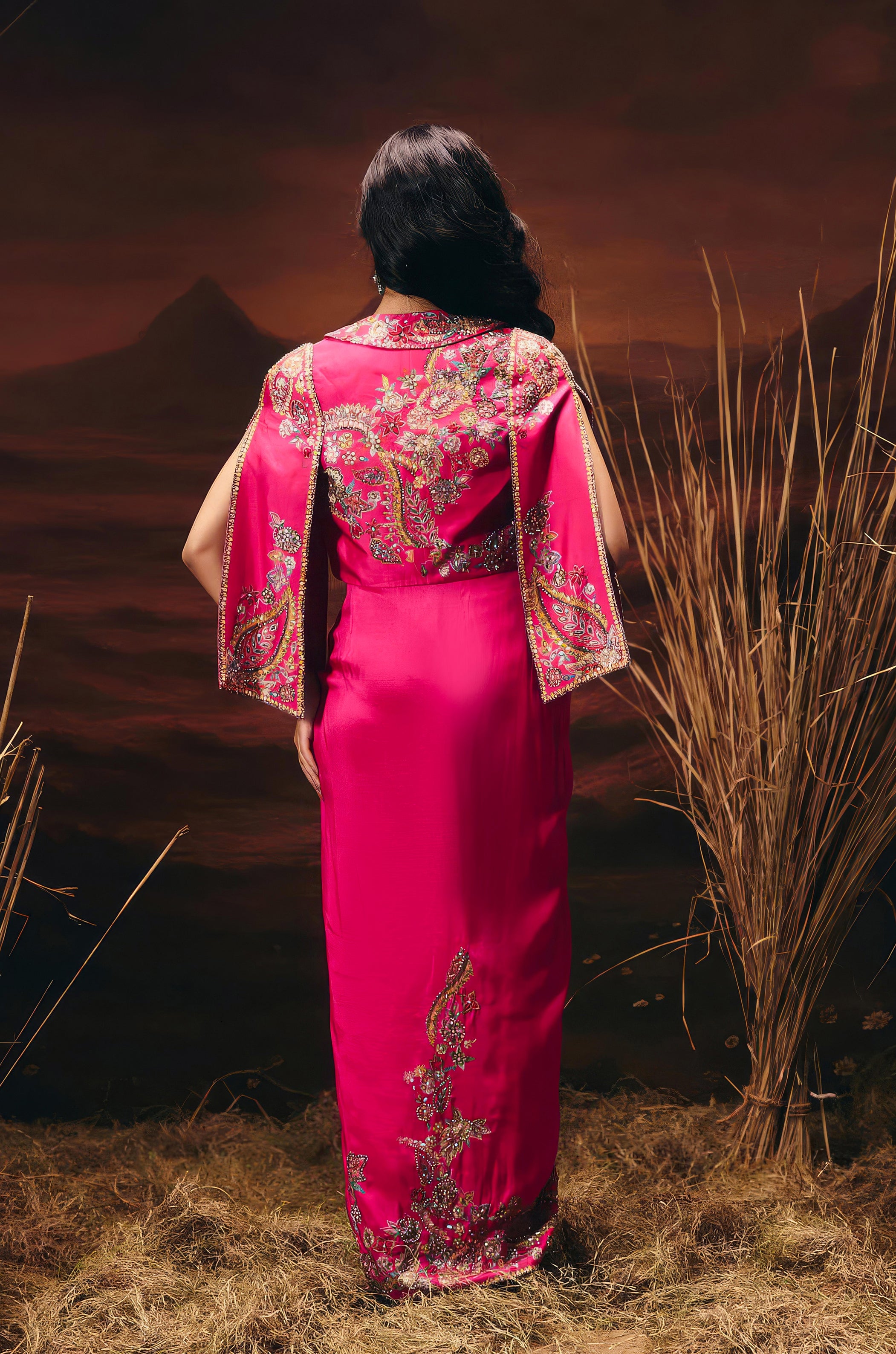 Electric Pink Embellished Chinon Silk Skirt Set