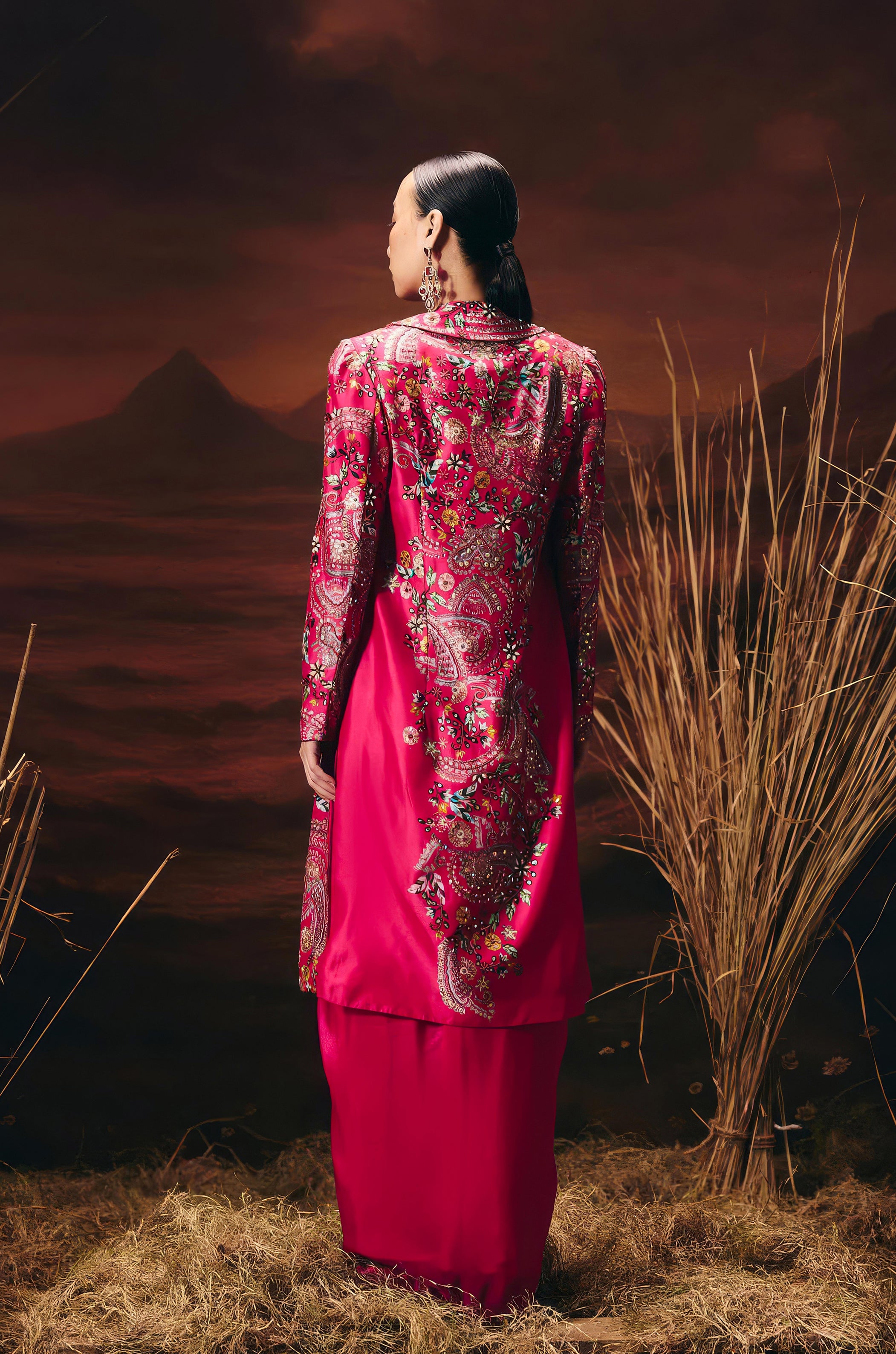 Vibrant Pink Embellished Chinon Silk Skirt Set