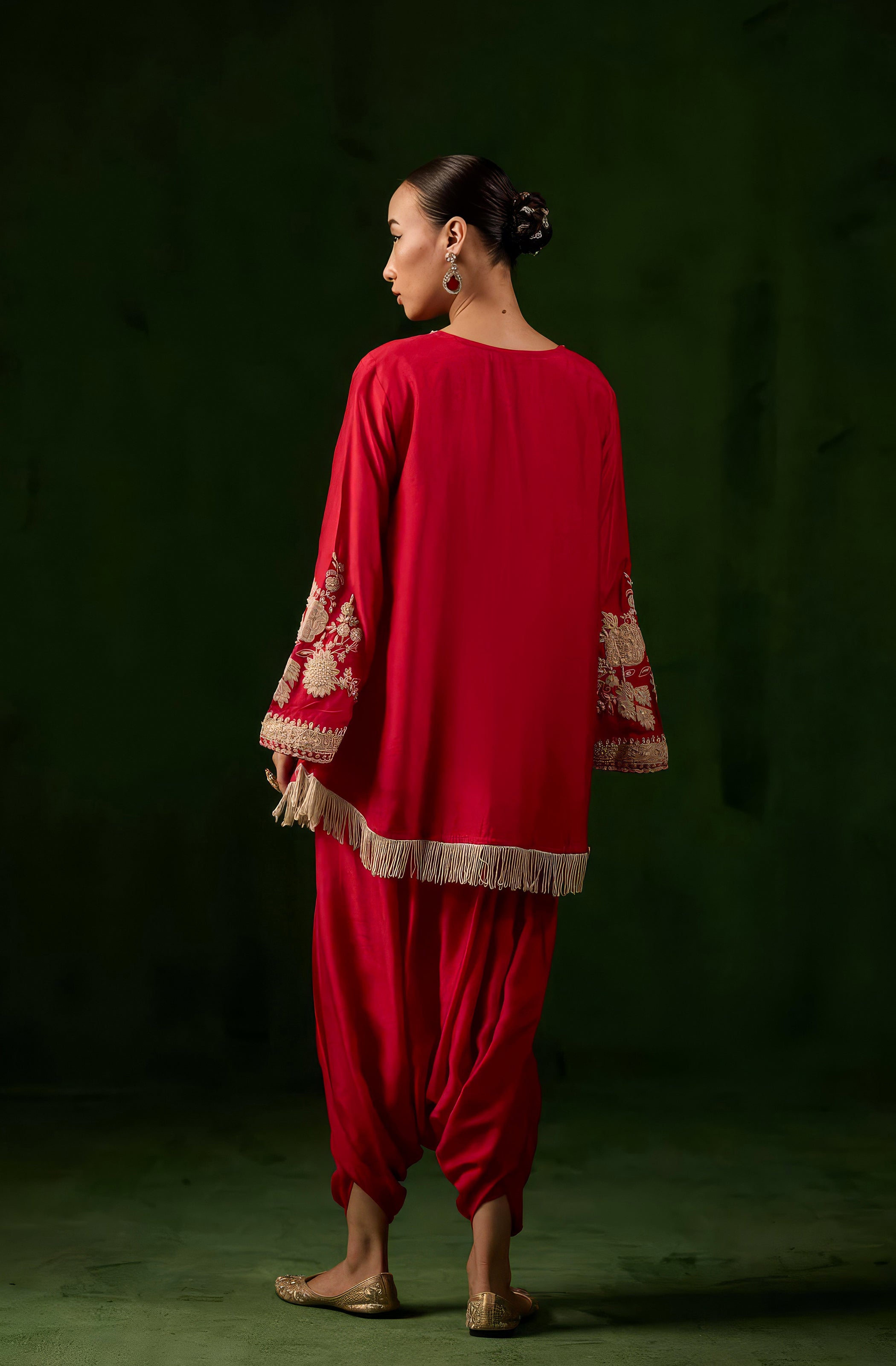 Bright Red Embellished Raw Silk Co-Ord Set
