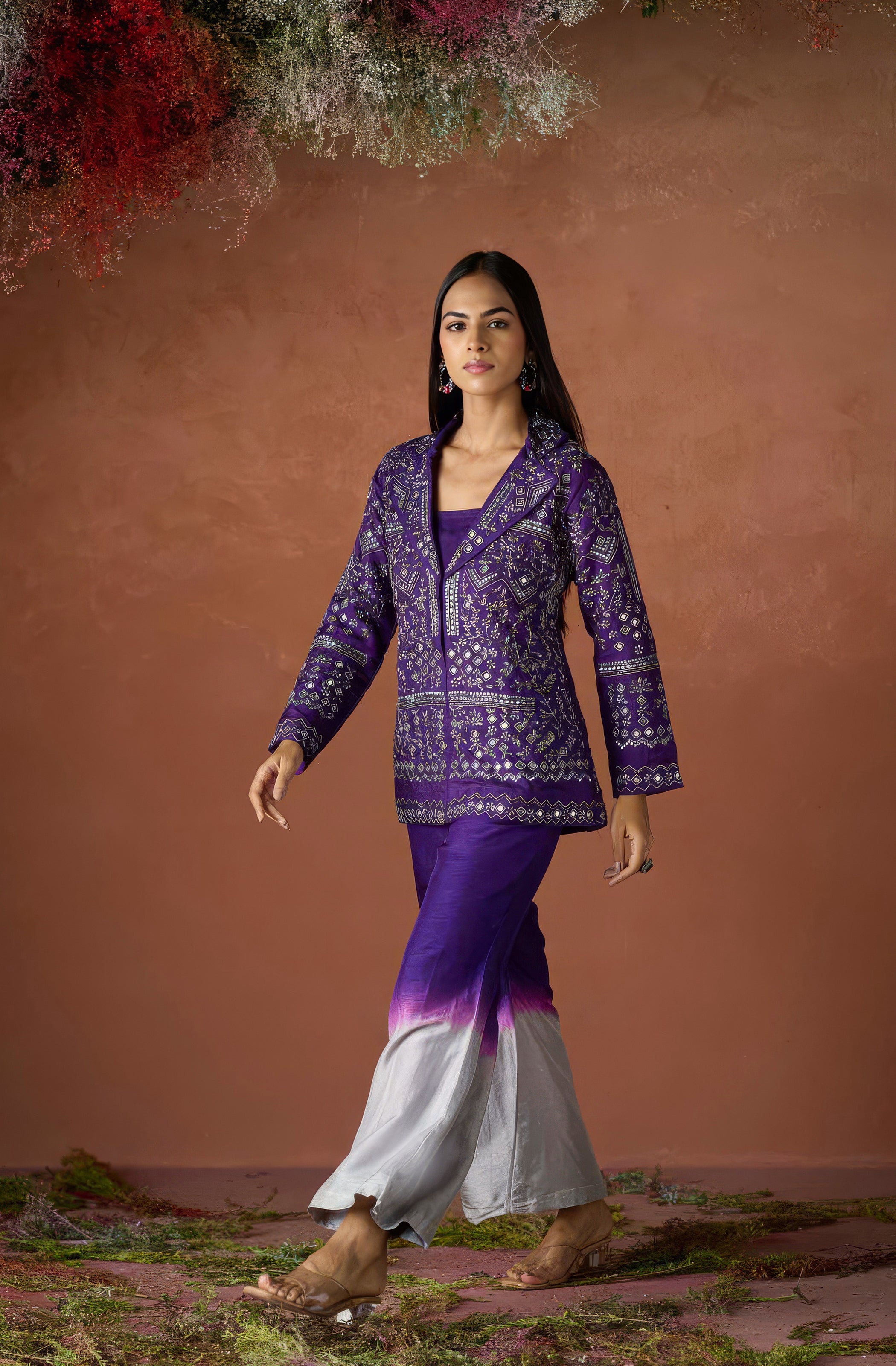 Dark Purple Embellished Raw Silk Co-Ord Set