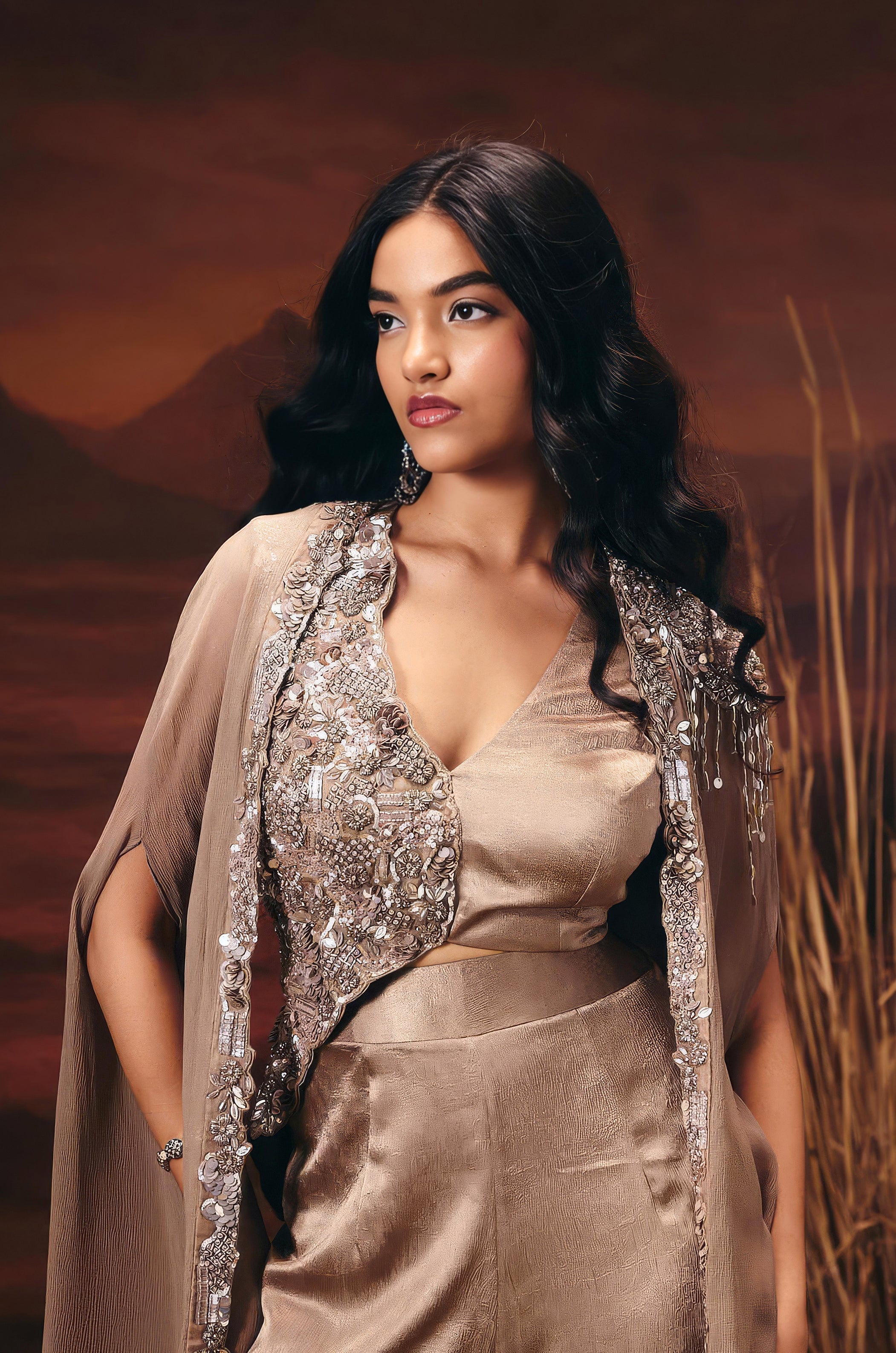 Champagne Gold Embellished Satin Silk Co-Ord Set