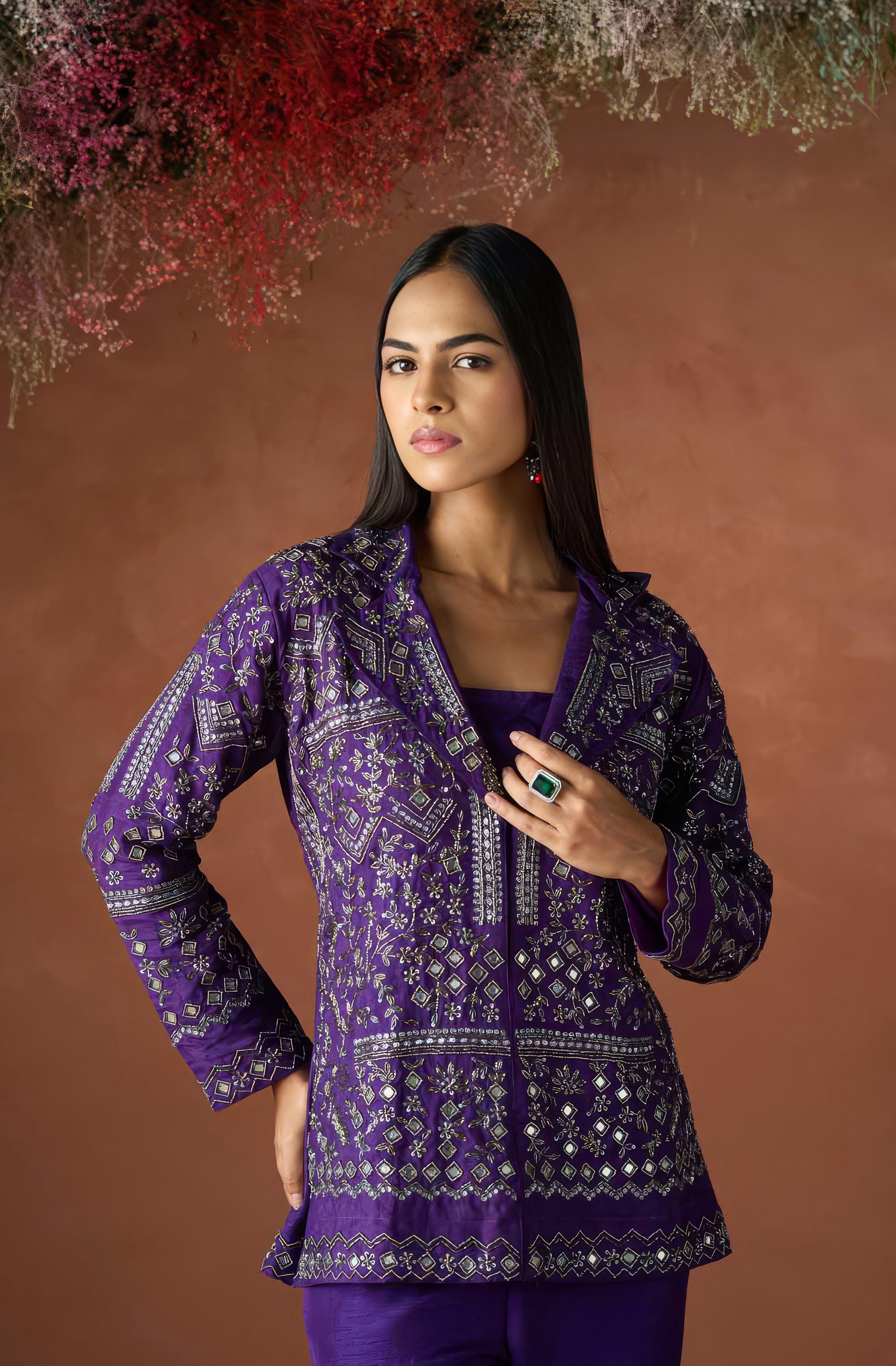 Dark Purple Embellished Raw Silk Co-Ord Set