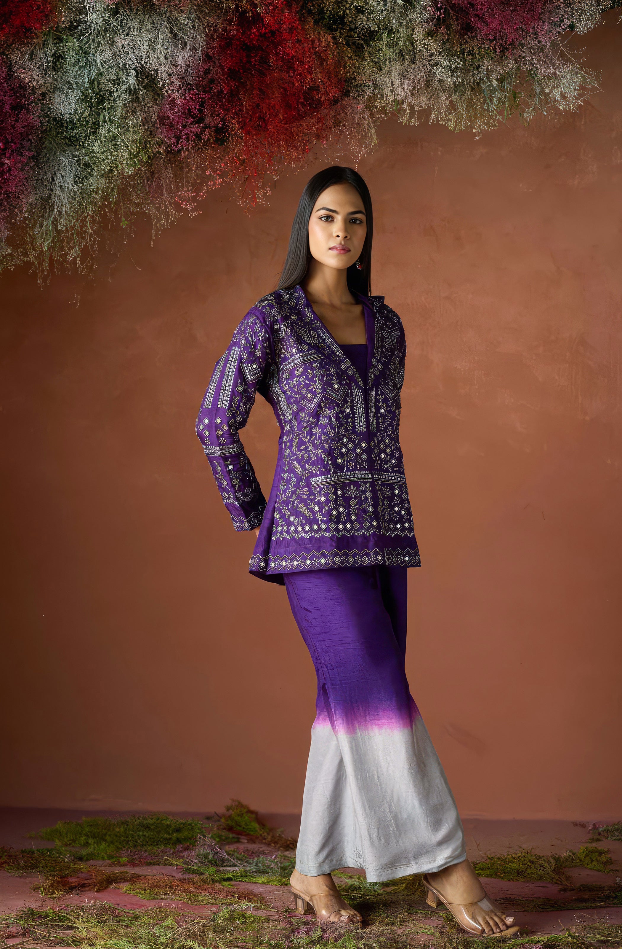 Dark Purple Embellished Raw Silk Co-Ord Set