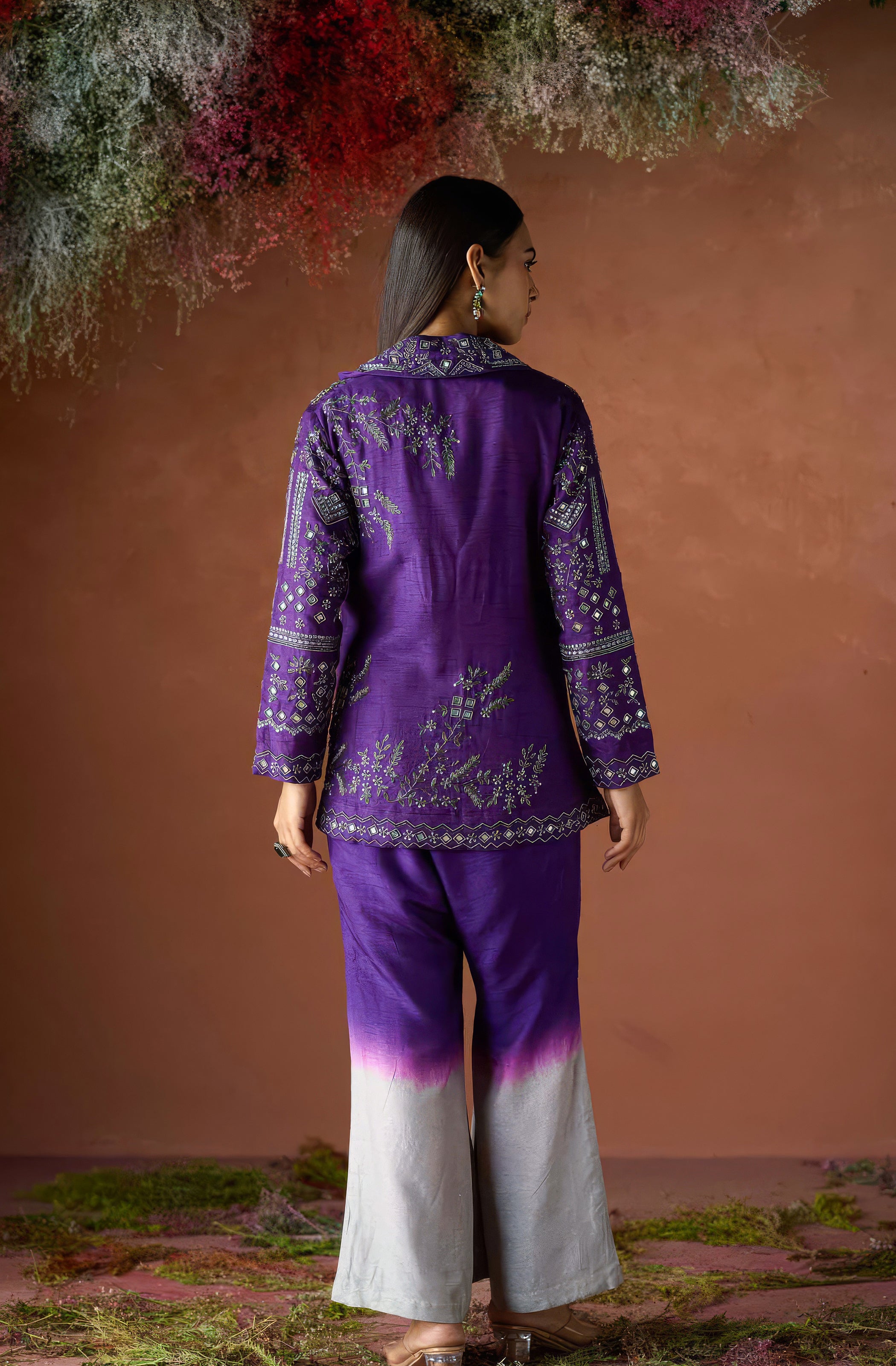Dark Purple Embellished Raw Silk Co-Ord Set