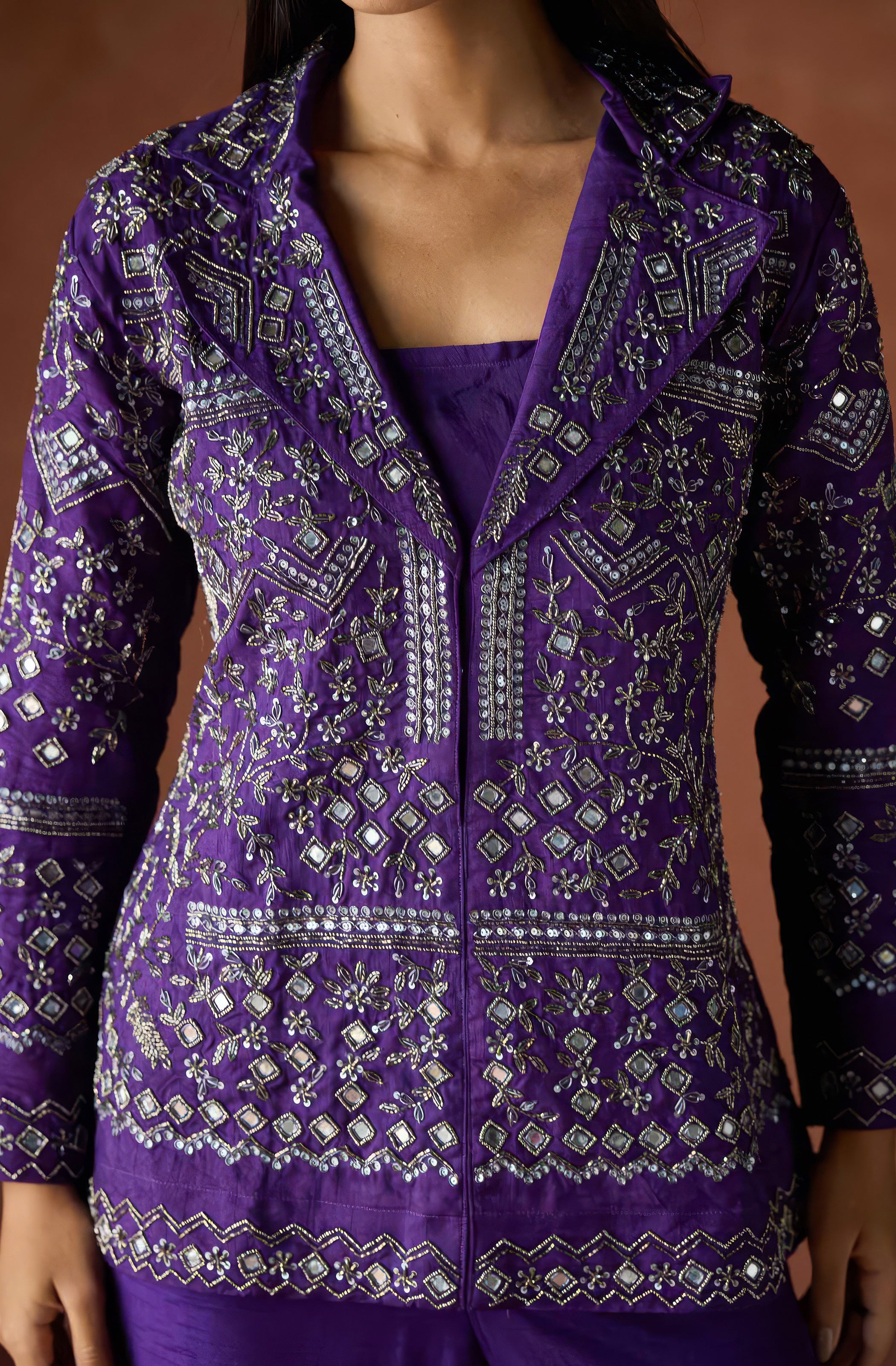 Dark Purple Embellished Raw Silk Co-Ord Set