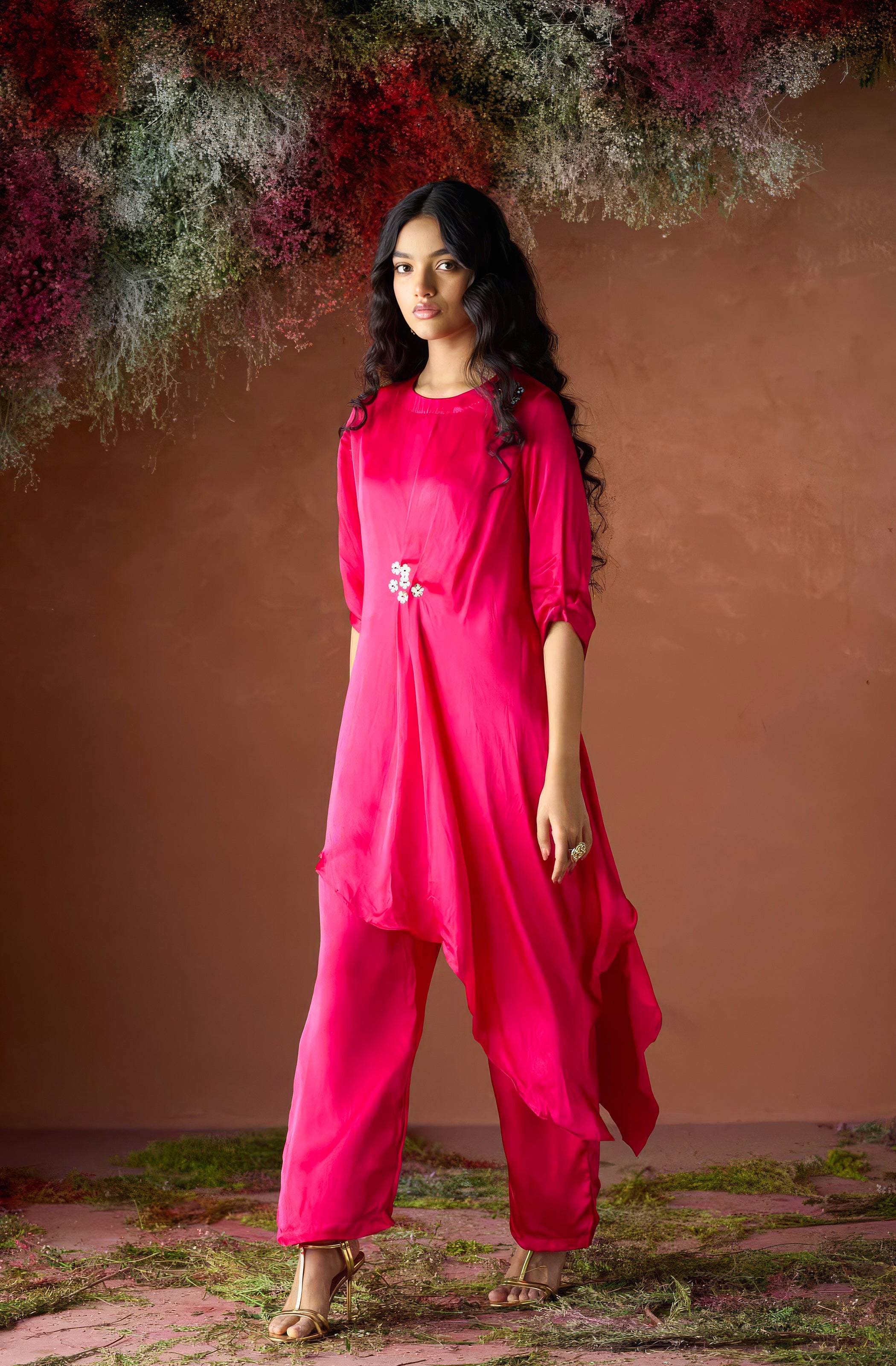 Cherry Pink Embellished Satin Silk Kurta Set