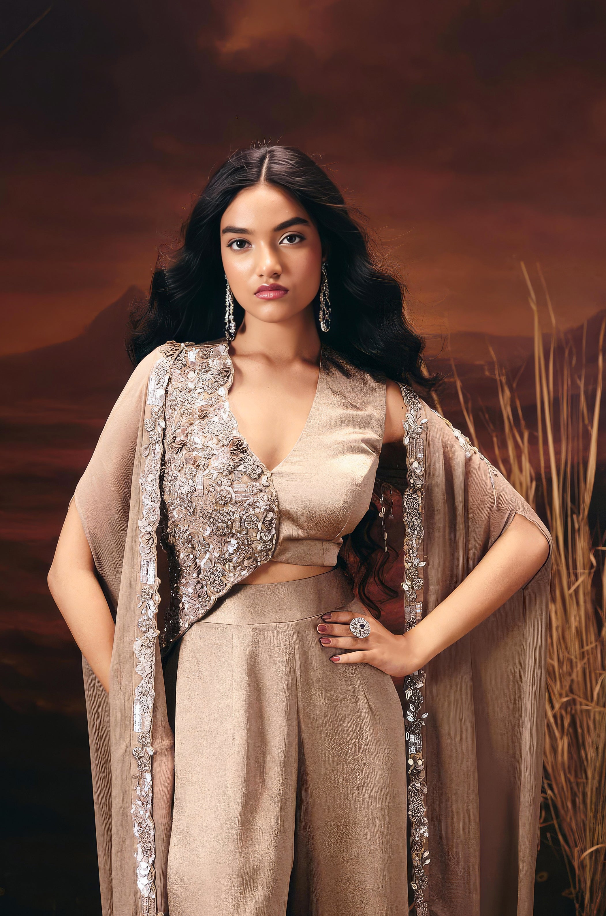 Champagne Gold Embellished Satin Silk Co-Ord Set