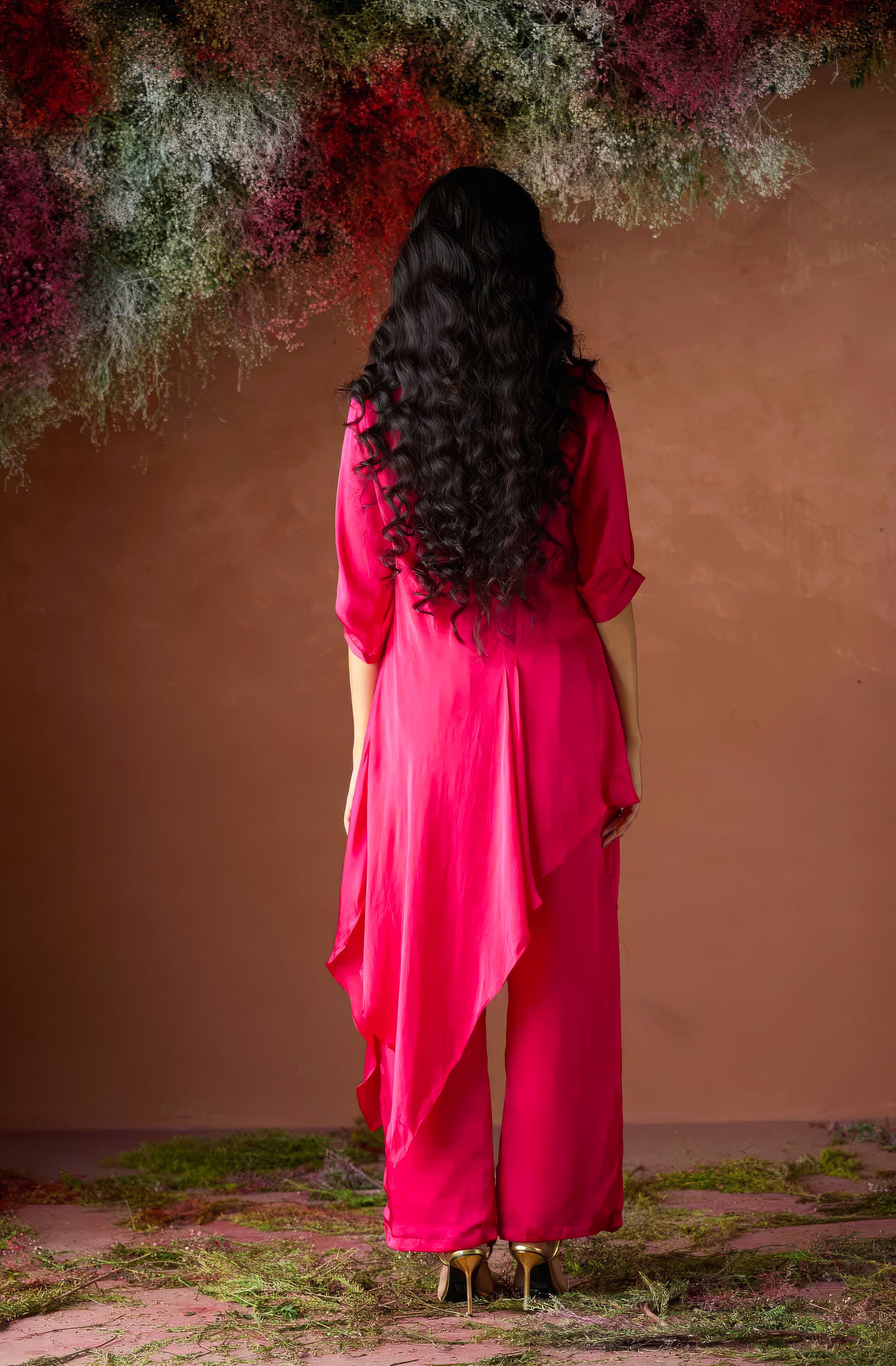 Cherry Pink Embellished Satin Silk Kurta Set