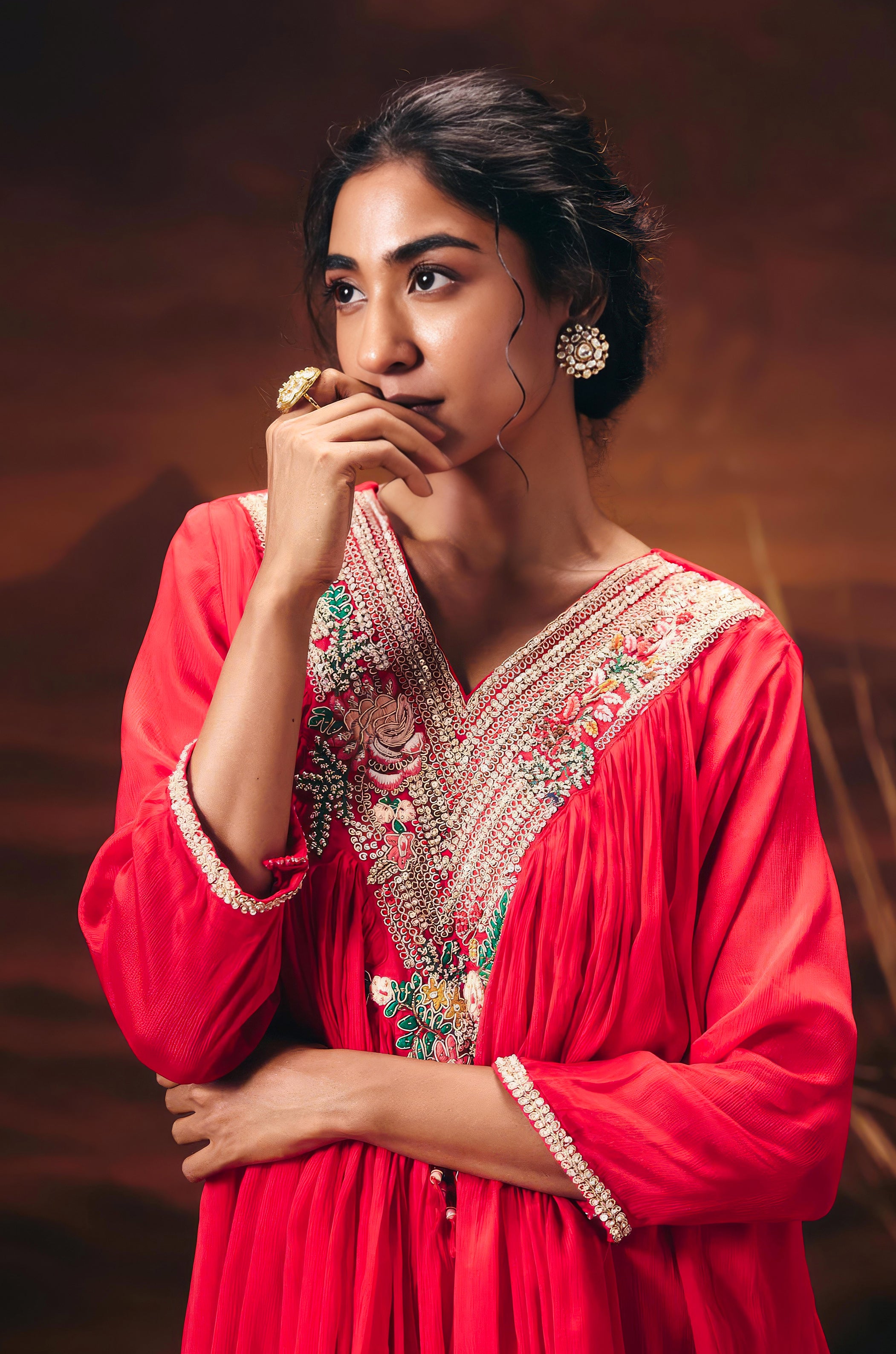 Coral Red Embellished Chinon Silk Sharara Set