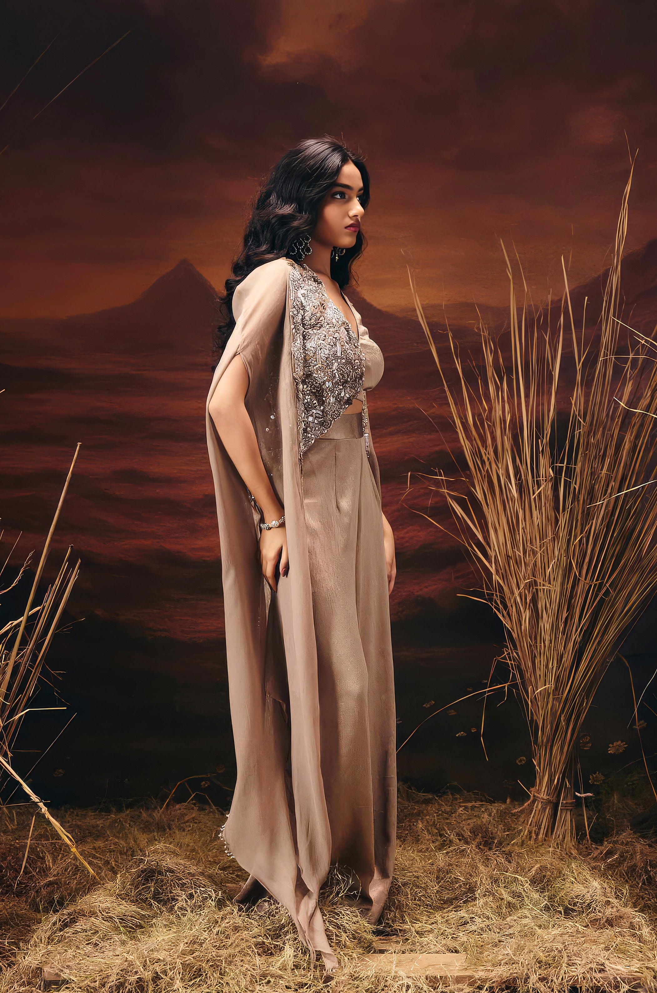 Champagne Gold Embellished Satin Silk Co-Ord Set