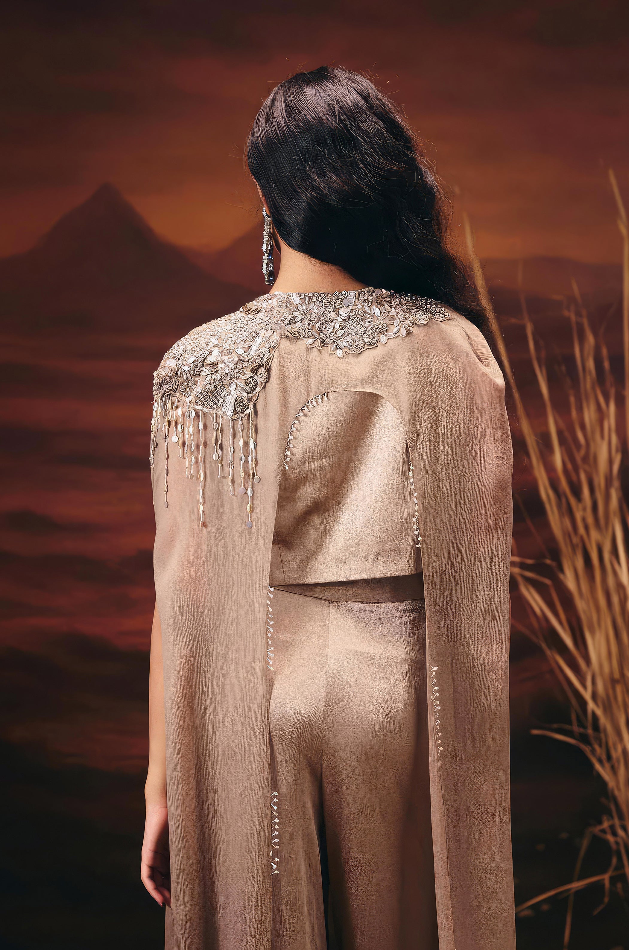 Champagne Gold Embellished Satin Silk Co-Ord Set