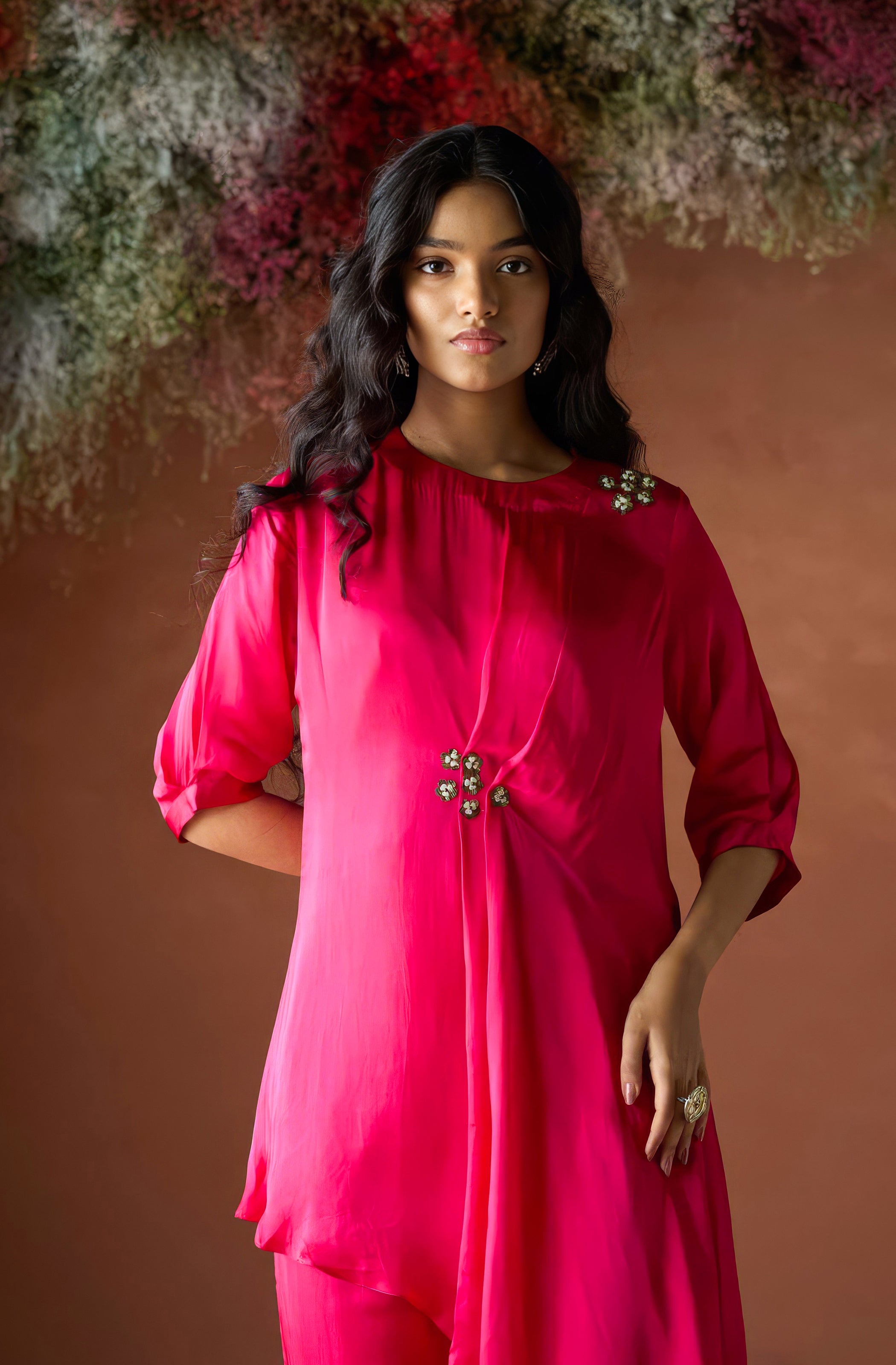 Cherry Pink Embellished Satin Silk Kurta Set