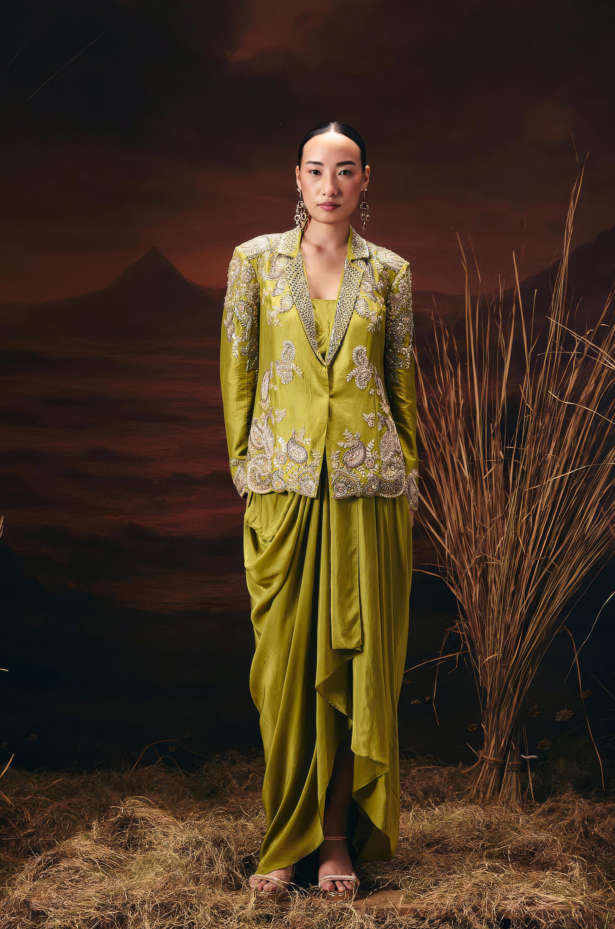 Moss Green Embellished Raw Silk Skirt Set