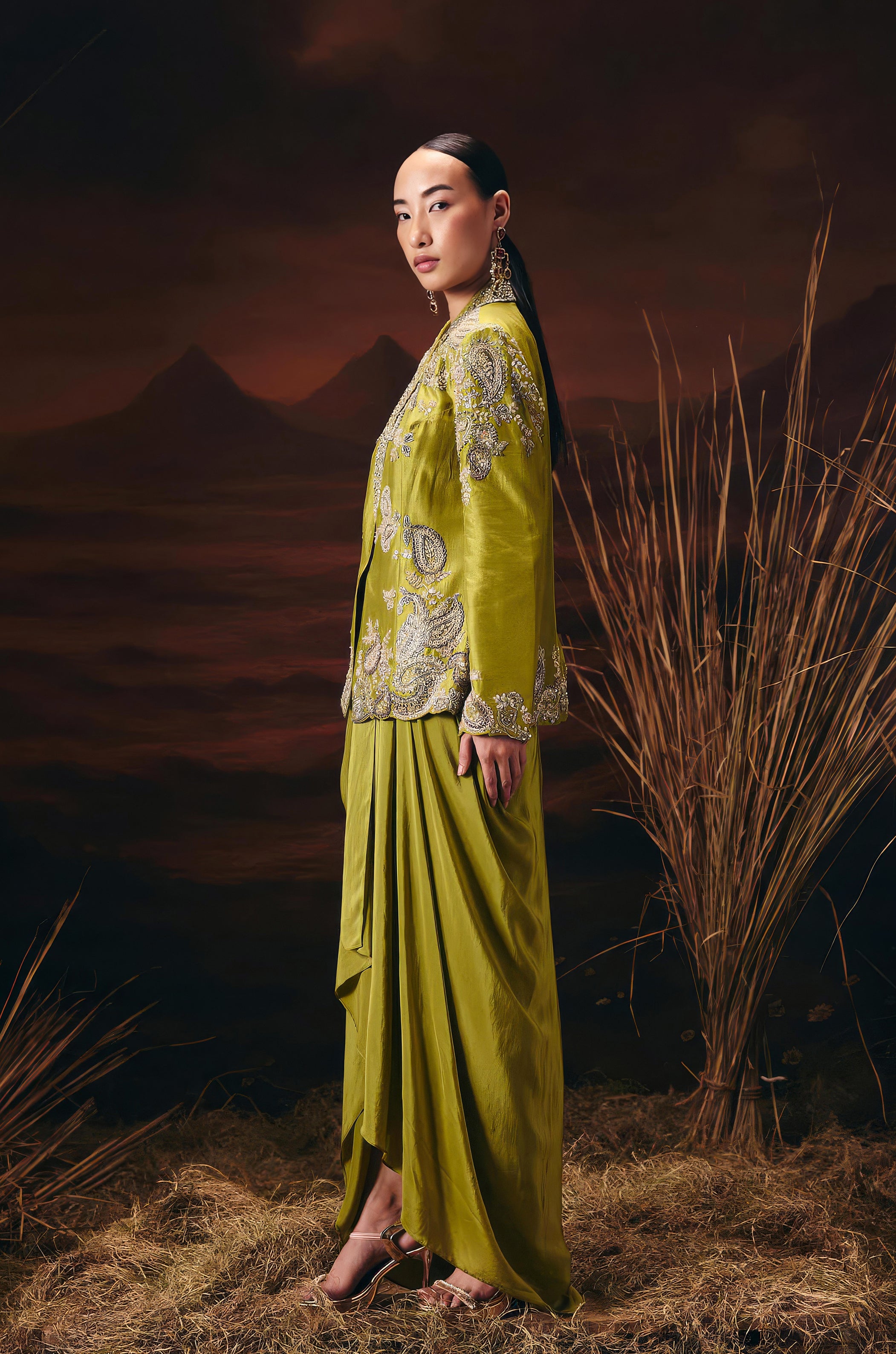 Moss Green Embellished Raw Silk Skirt Set