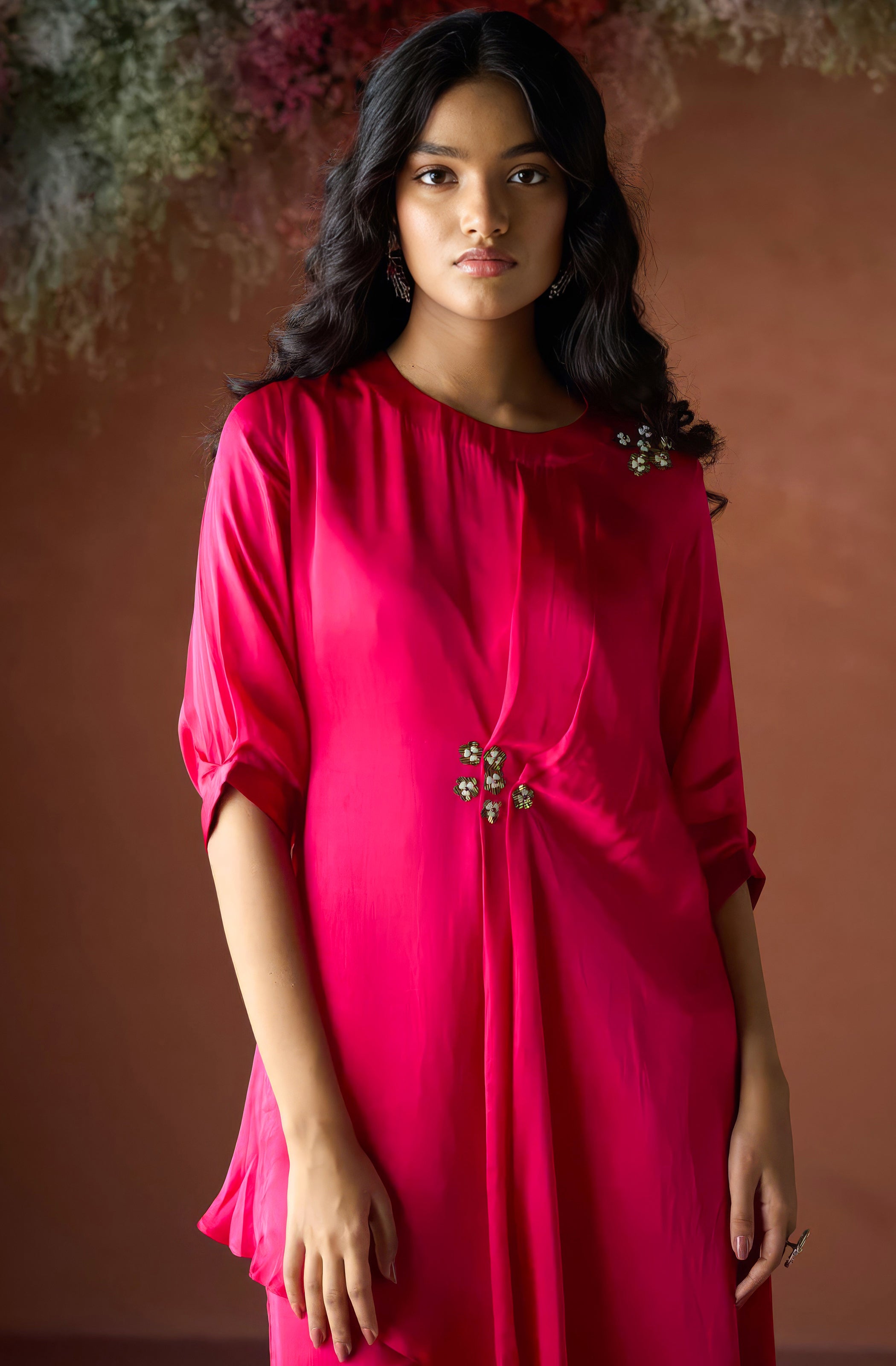 Cherry Pink Embellished Satin Silk Kurta Set