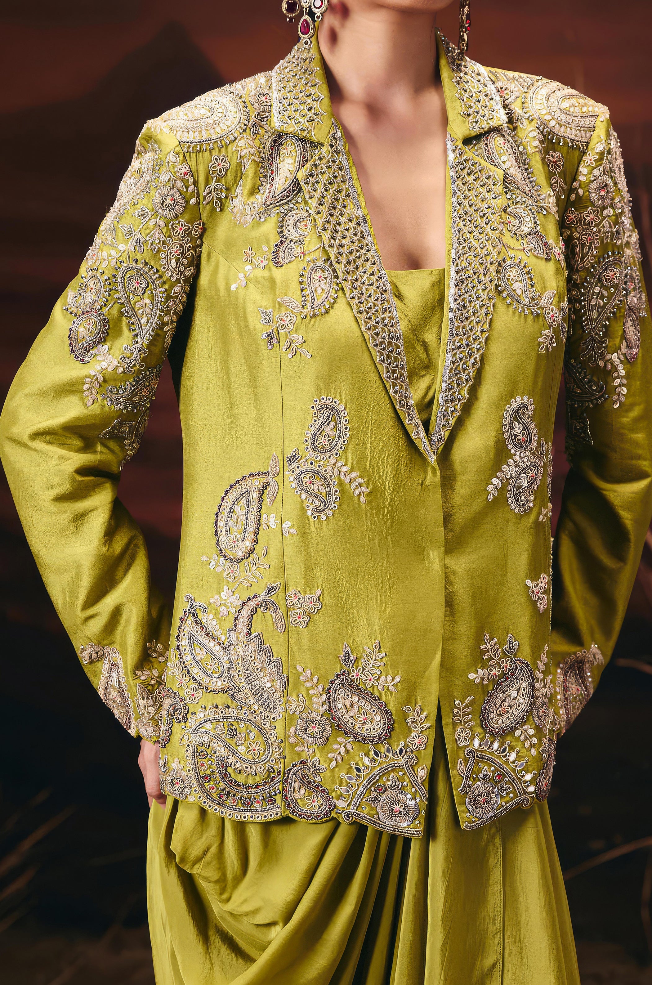 Moss Green Embellished Raw Silk Skirt Set