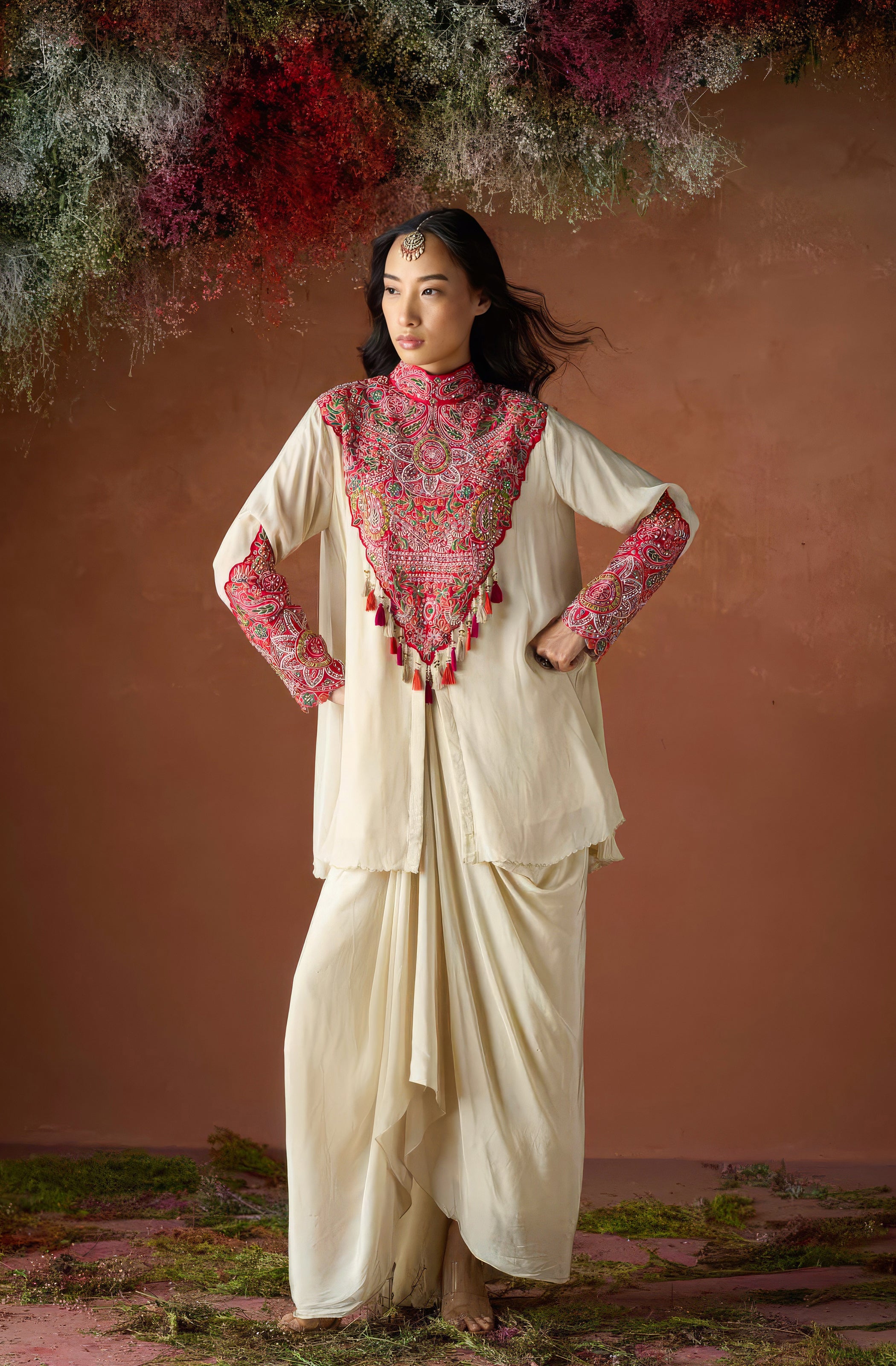 Pale Champagne Embellished Chinon Silk Skirt Set