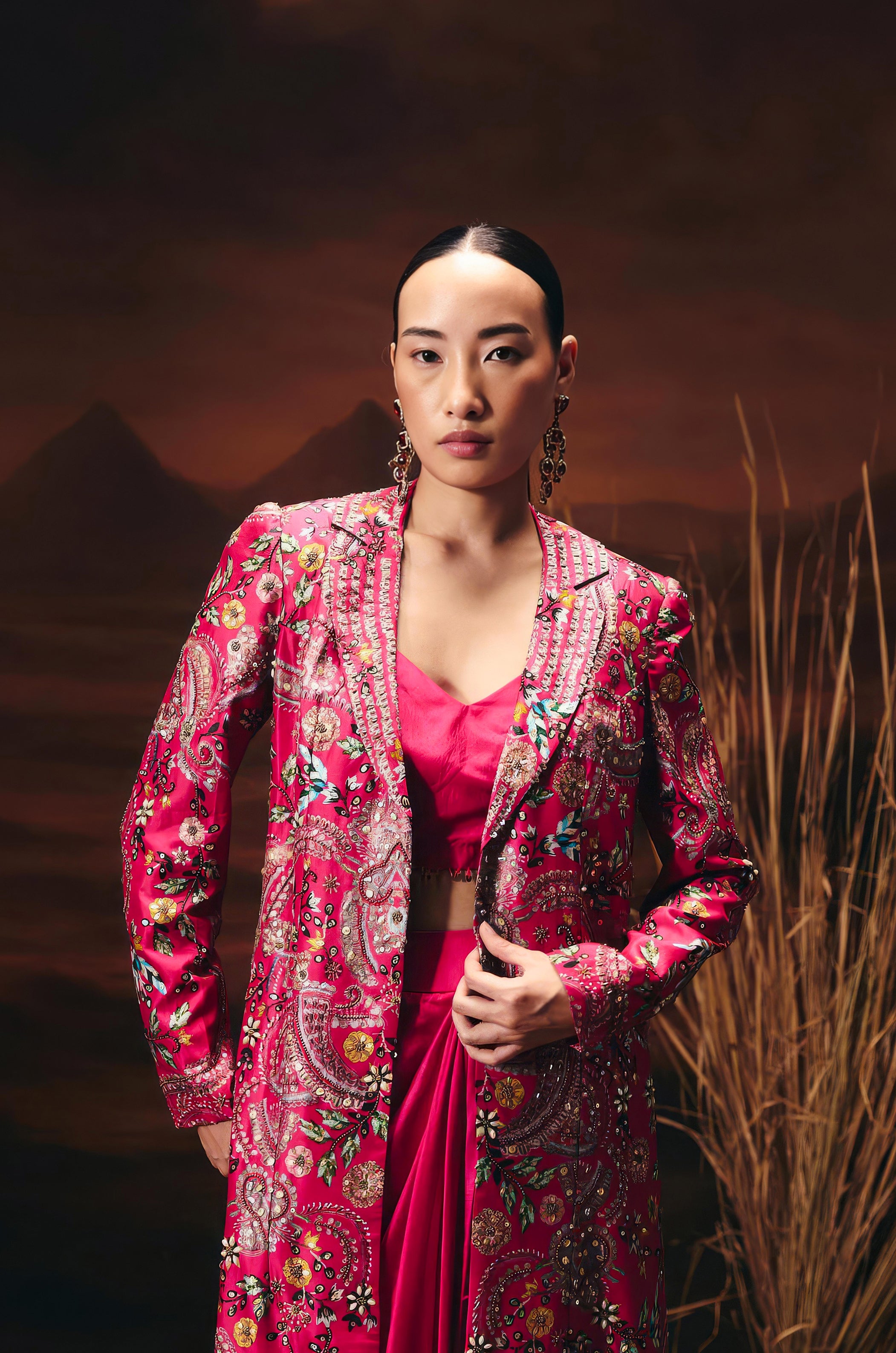 Vibrant Pink Embellished Chinon Silk Skirt Set