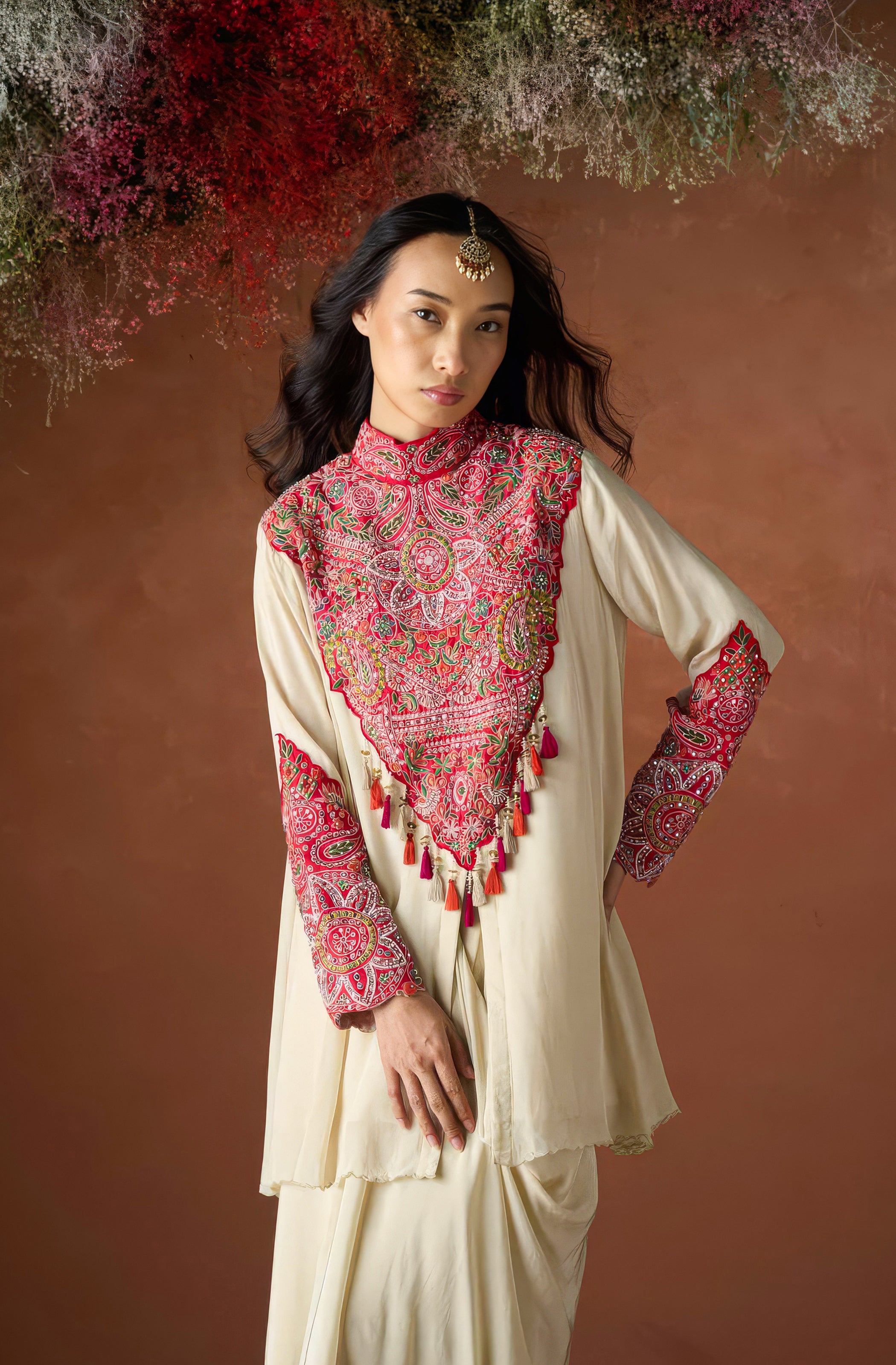 Pale Champagne Embellished Chinon Silk Skirt Set