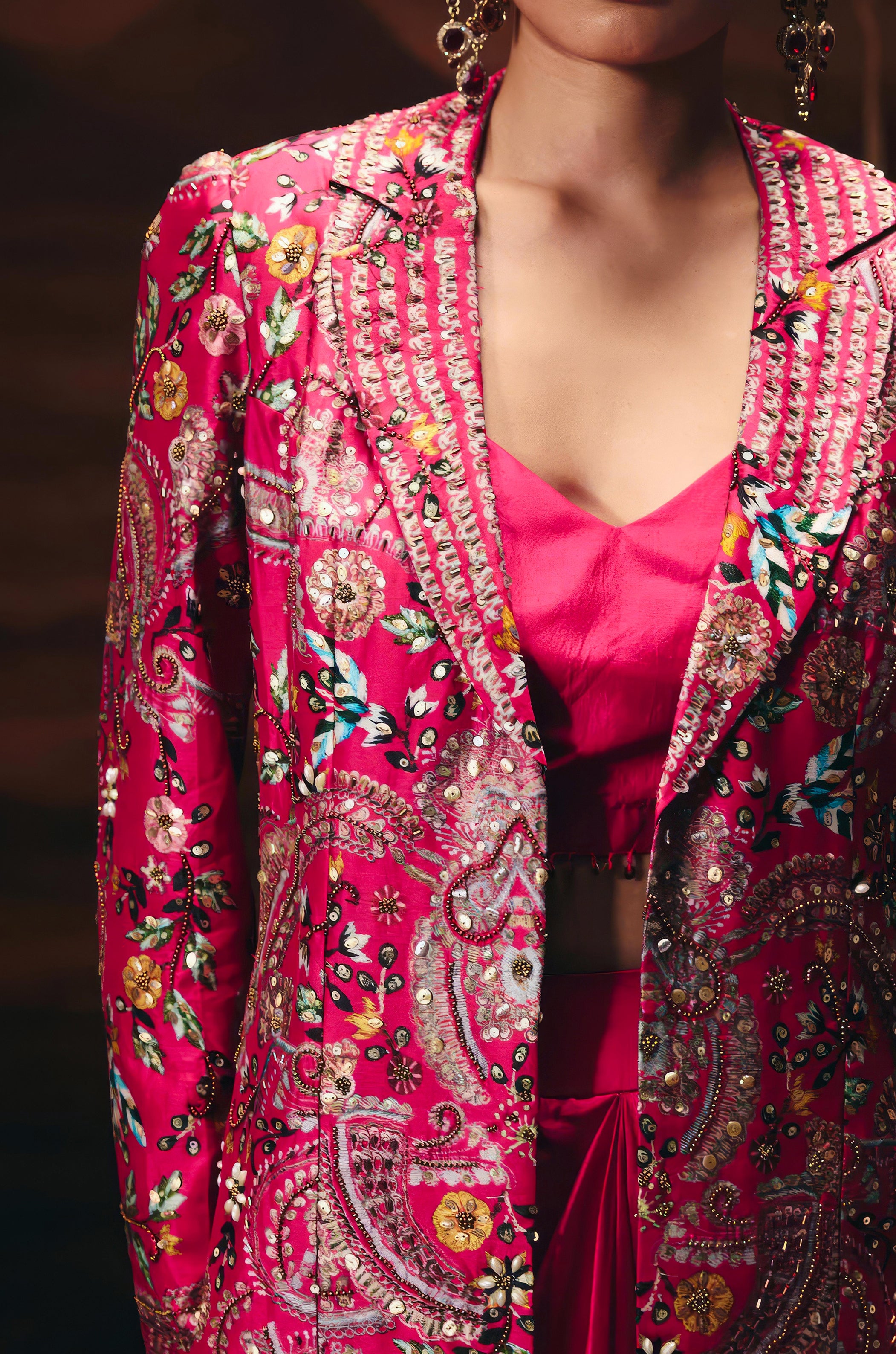 Vibrant Pink Embellished Chinon Silk Skirt Set