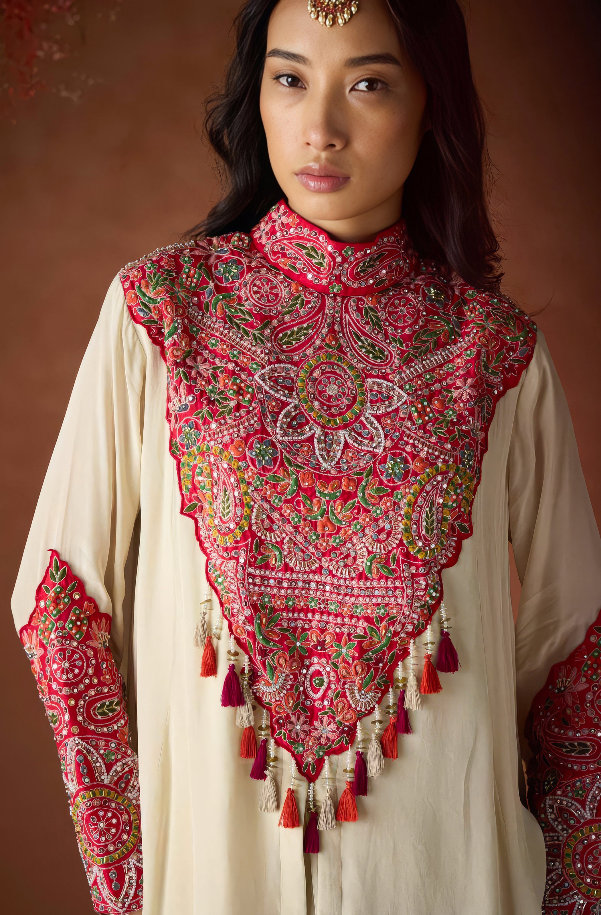 Pale Champagne Embellished Chinon Silk Skirt Set