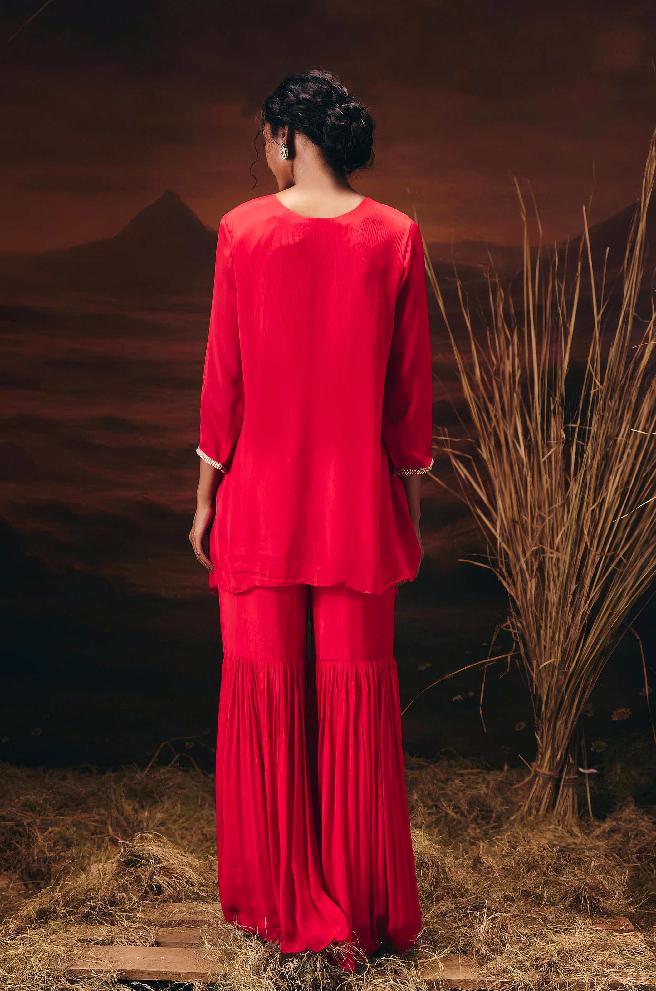 Coral Red Embellished Chinon Silk Sharara Set