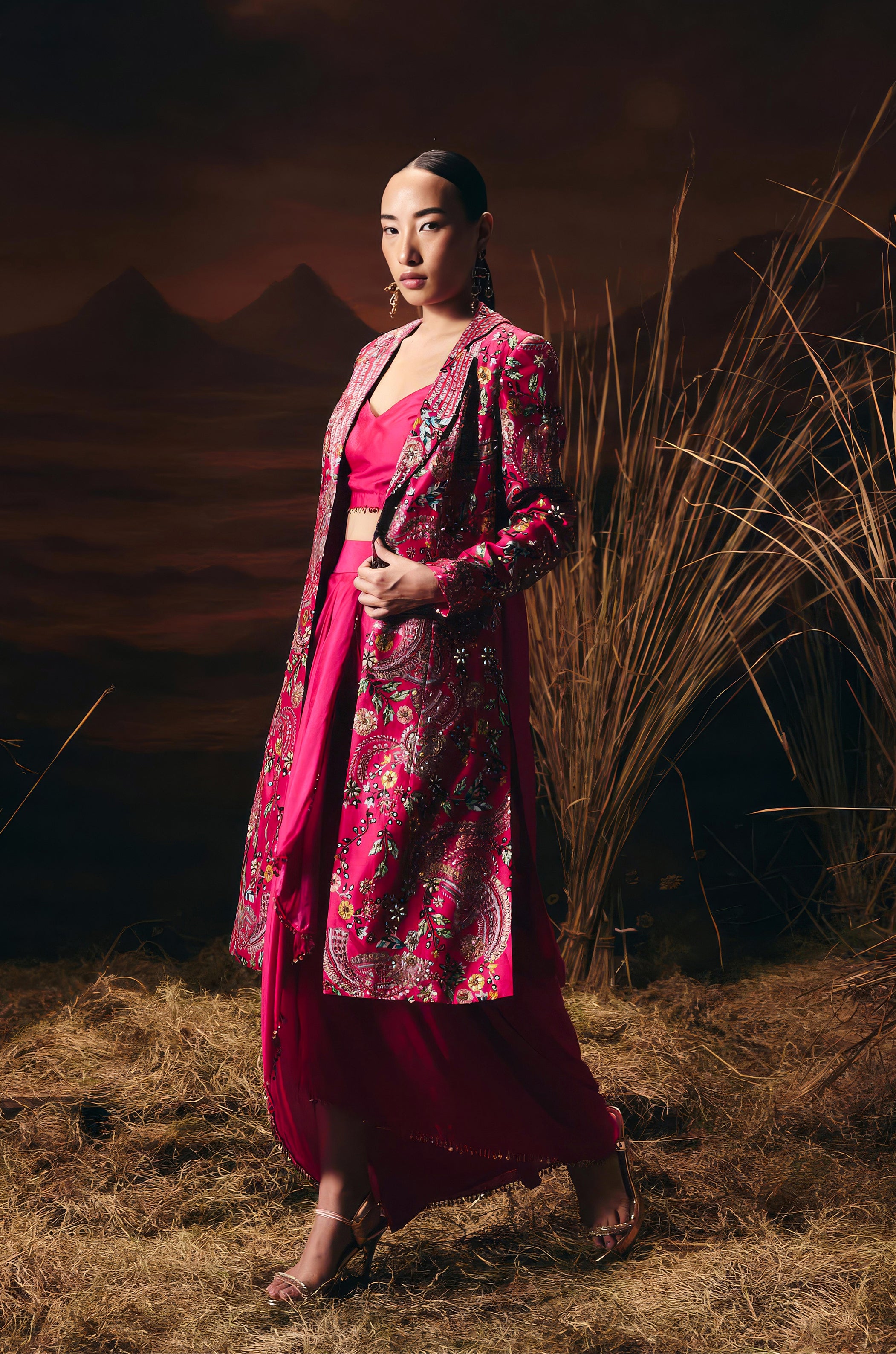 Vibrant Pink Embellished Chinon Silk Skirt Set