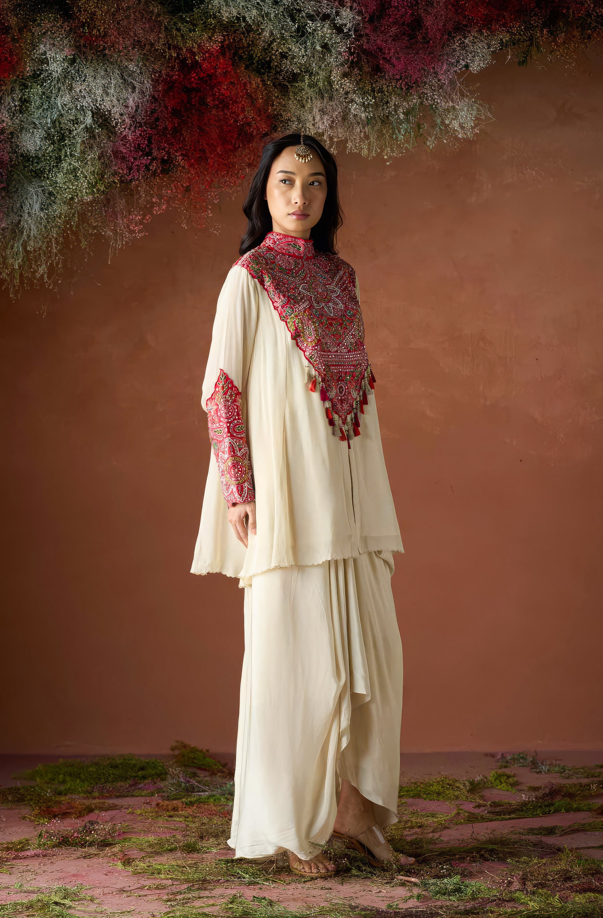 Pale Champagne Embellished Chinon Silk Skirt Set