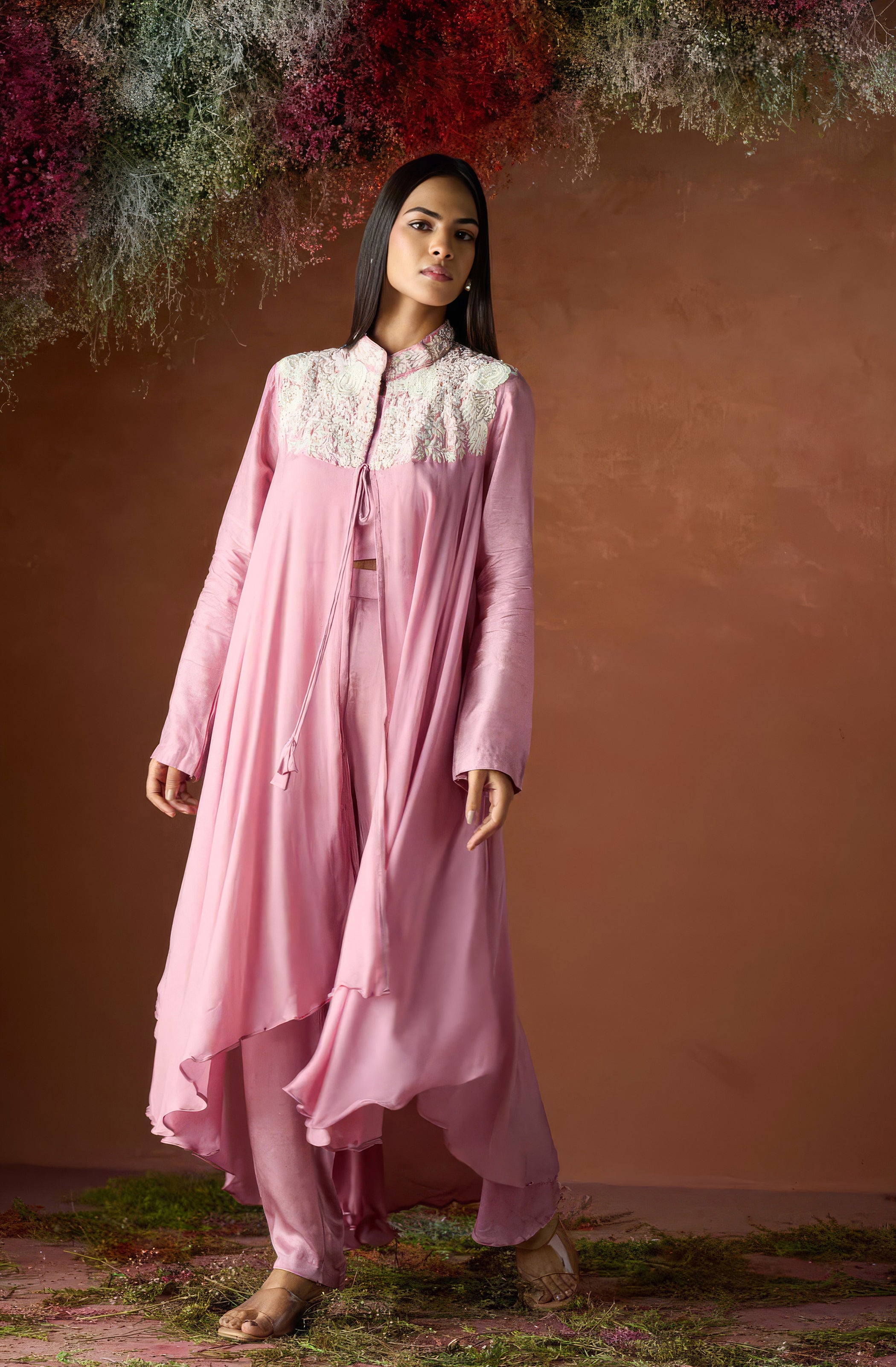 Dewy Pink Embroidered Chinon Silk Co-Ord Set