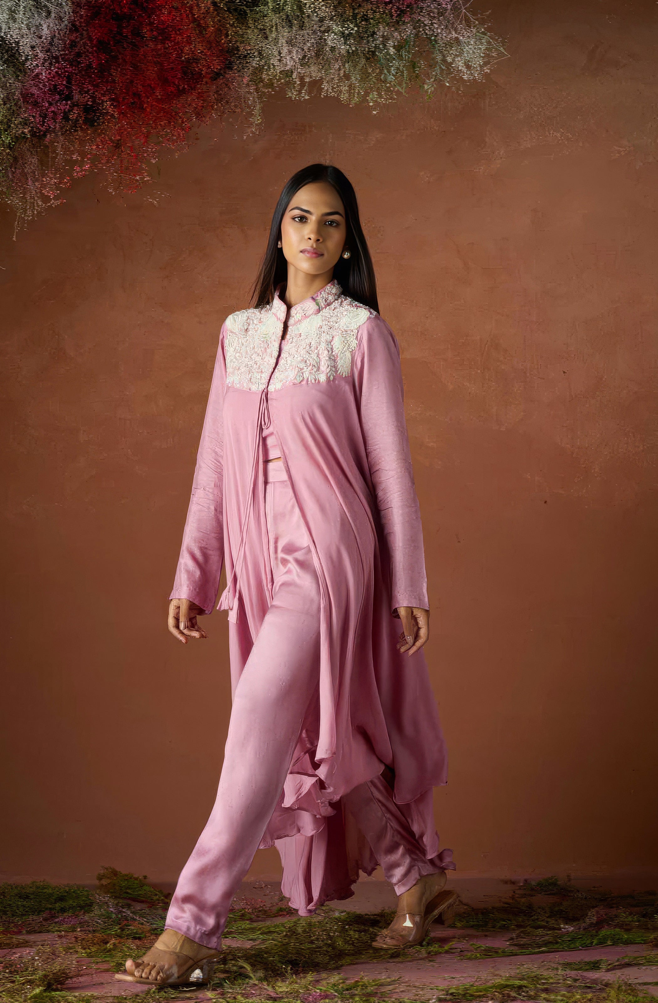 Dewy Pink Embroidered Chinon Silk Co-Ord Set