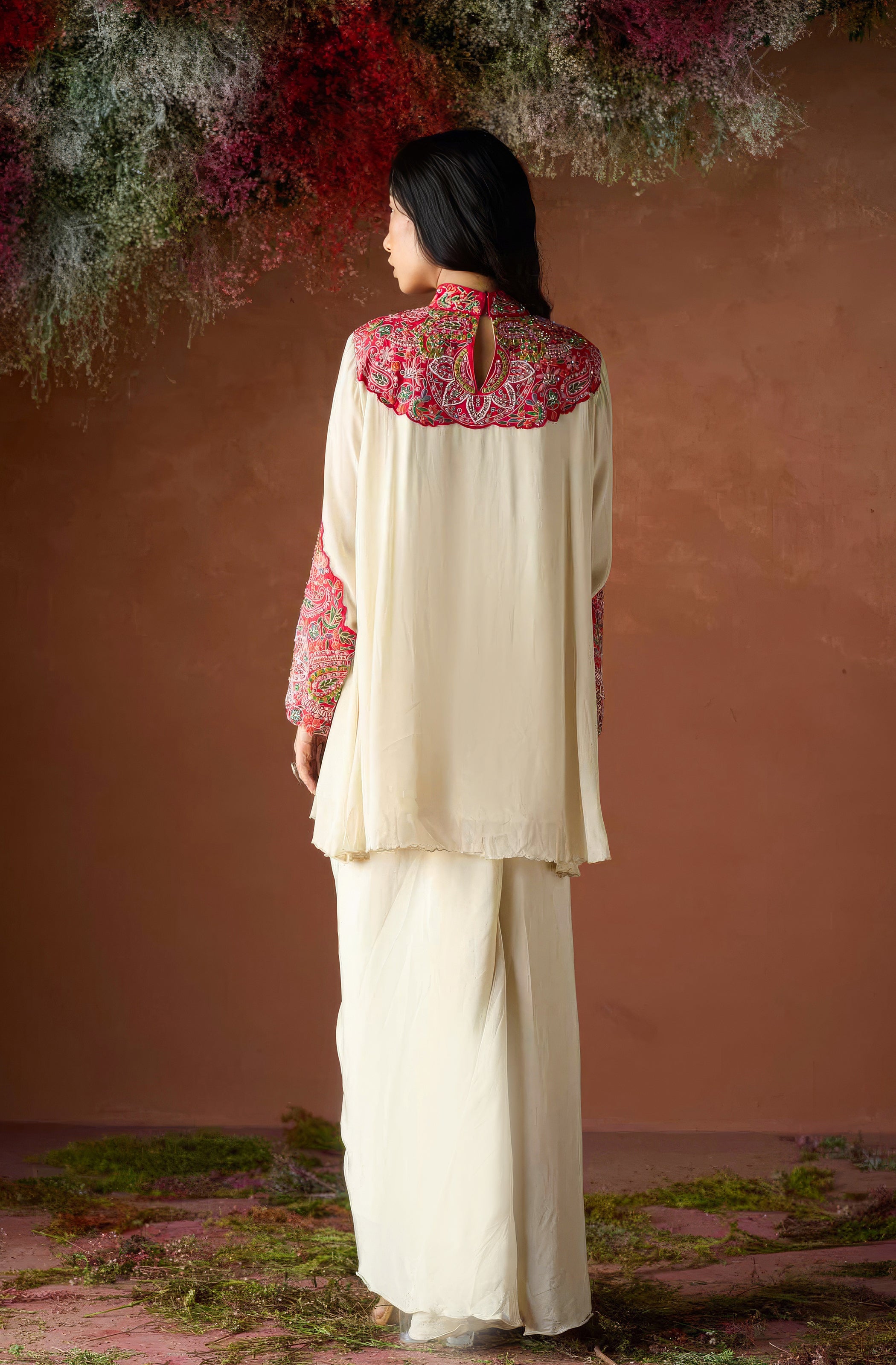 Pale Champagne Embellished Chinon Silk Skirt Set