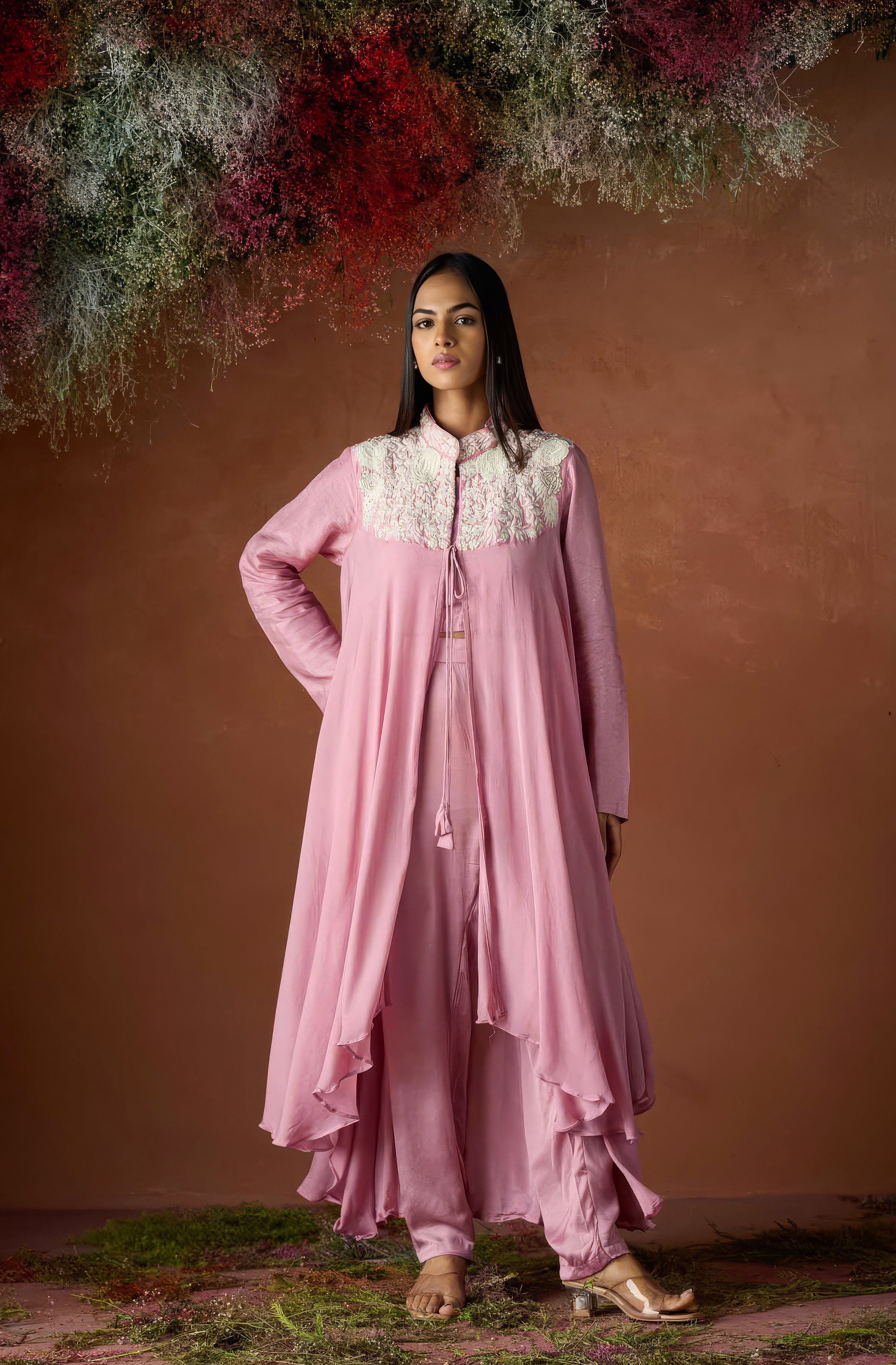 Dewy Pink Embroidered Chinon Silk Co-Ord Set