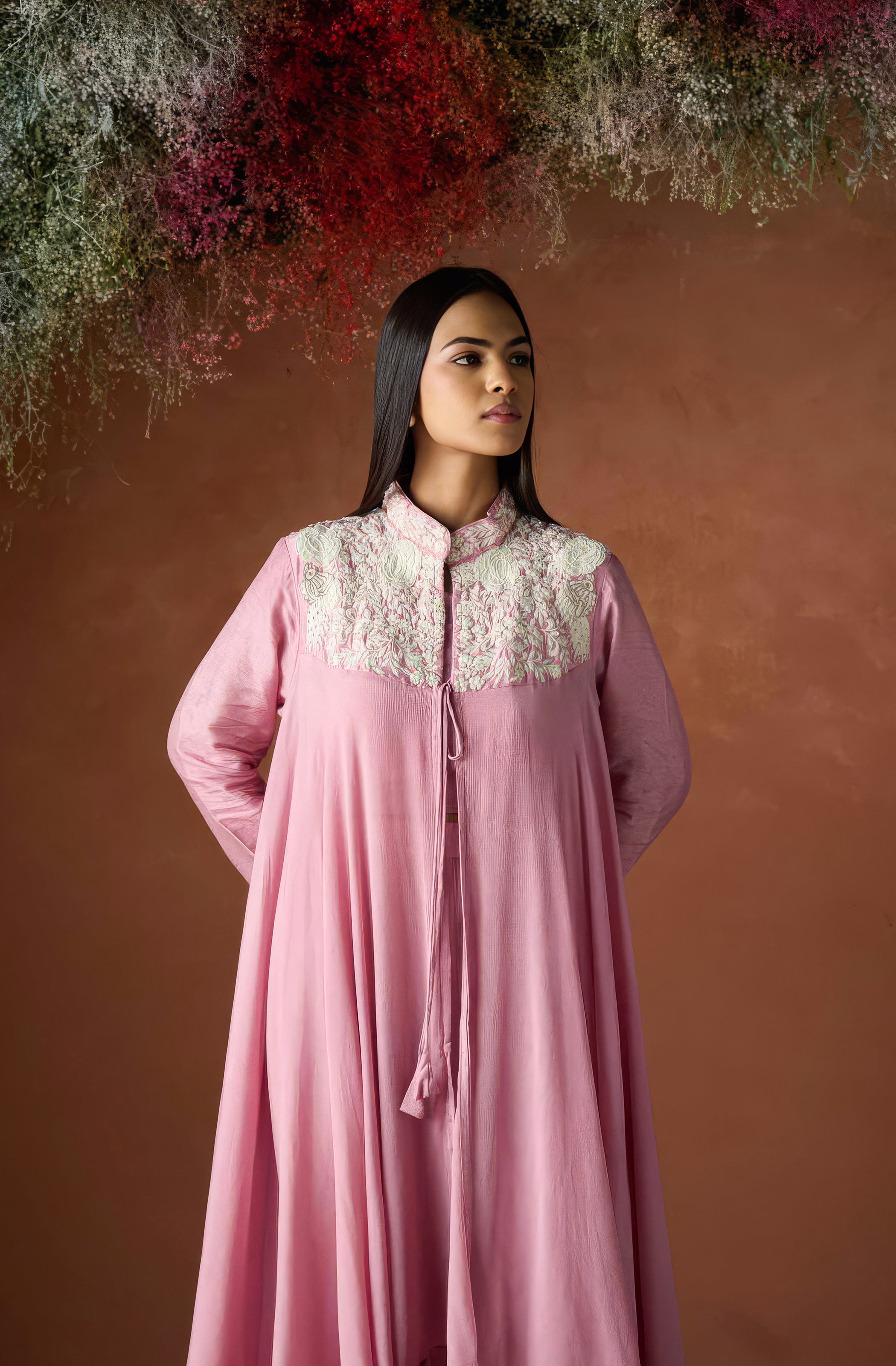 Dewy Pink Embroidered Chinon Silk Co-Ord Set