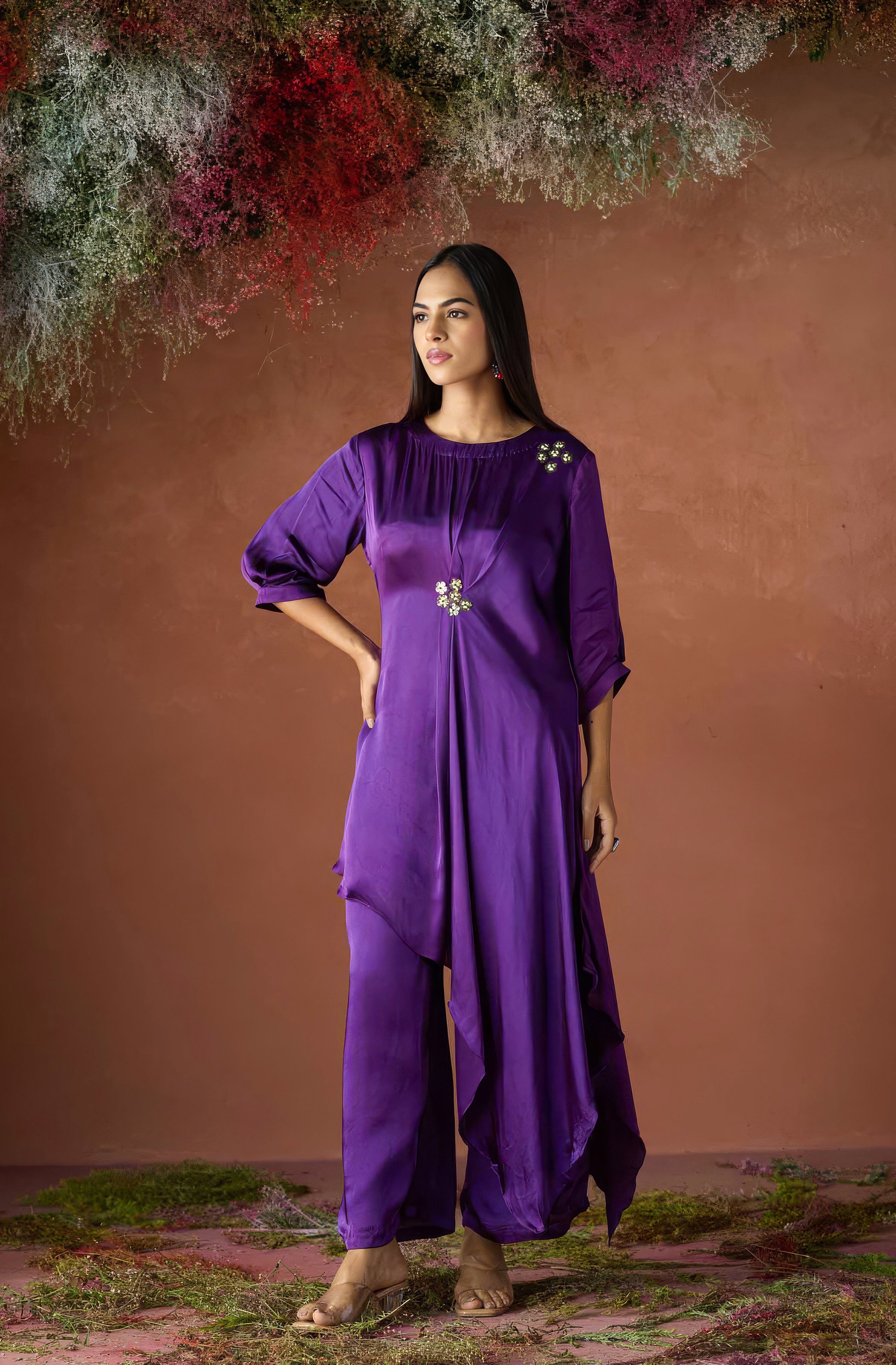Velvet Purple Embellished Satin Silk Kurta Set