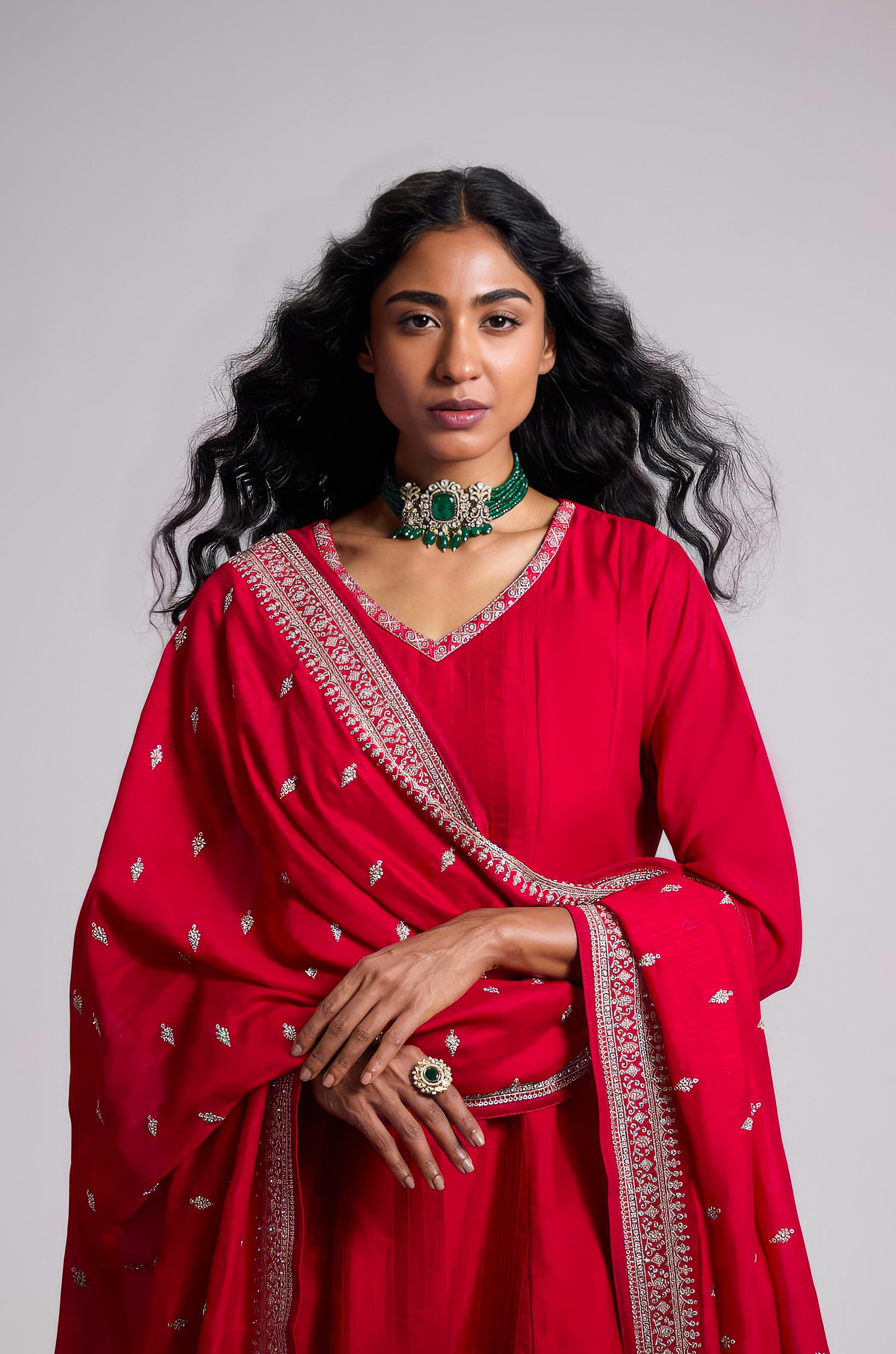 Magenta Rose Embellished Chinon Silk Pant Set