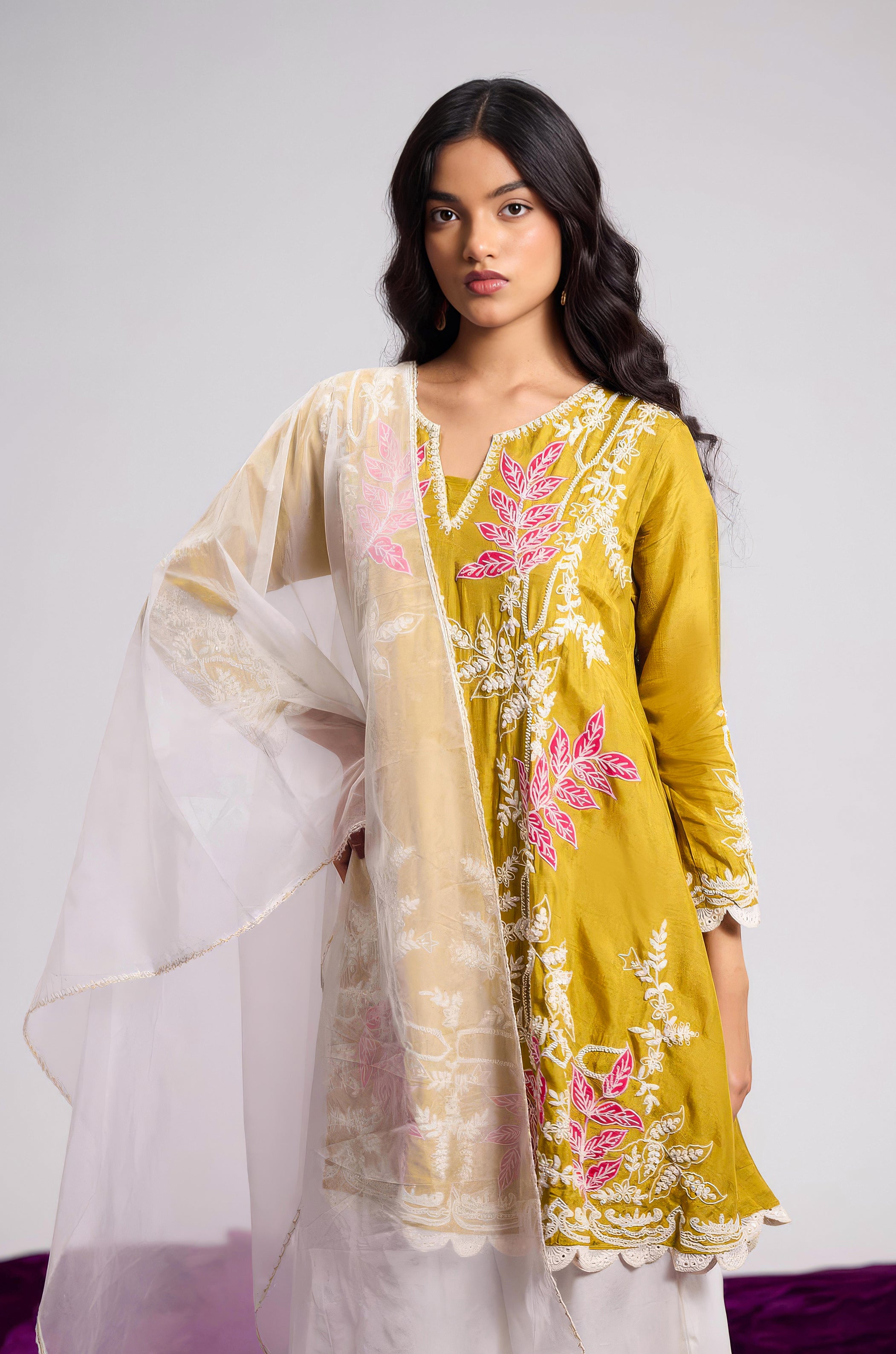 Mustard Yellow Embellished Raw Silk Palazzo Set