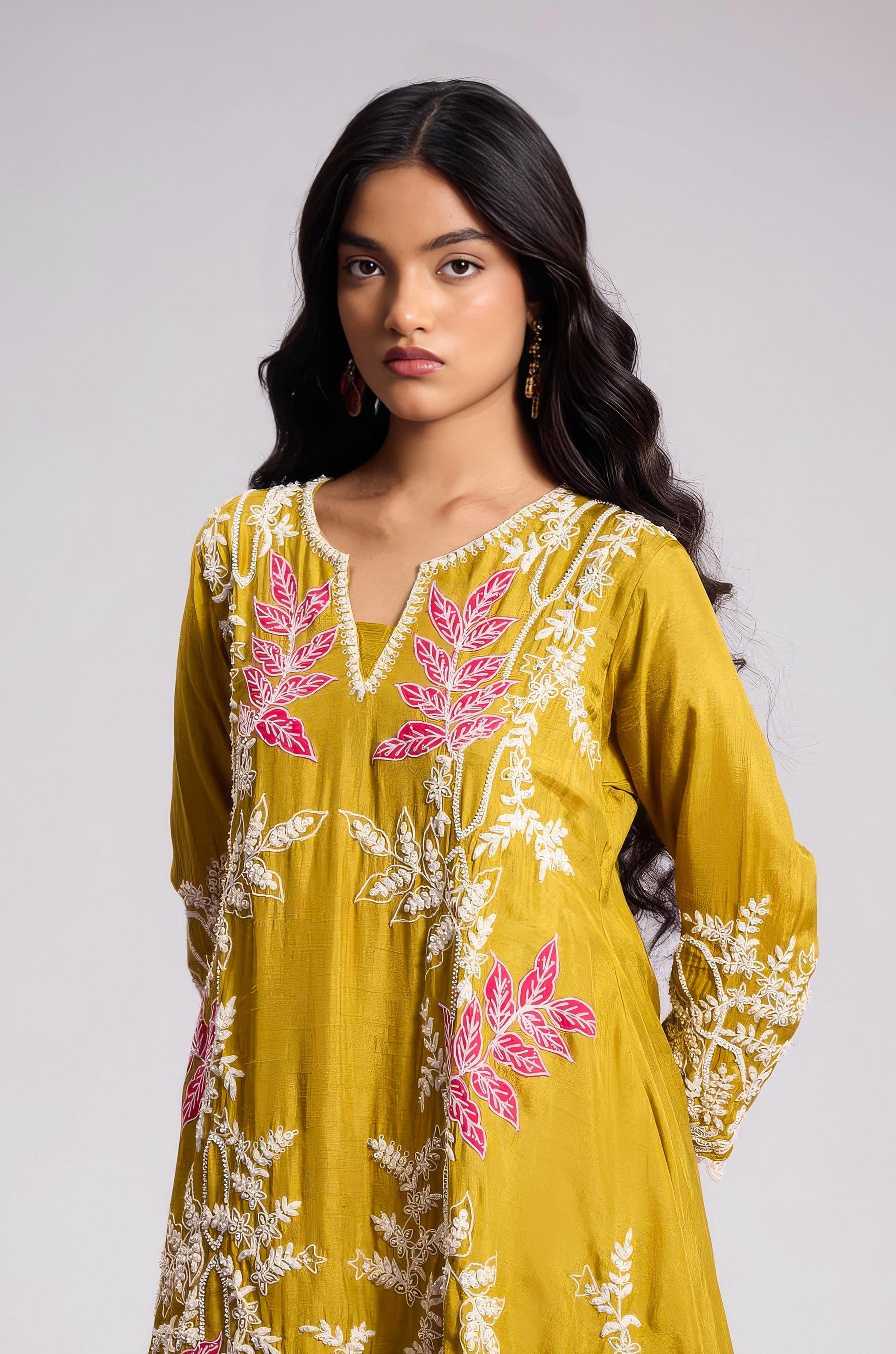 Mustard Yellow Embellished Raw Silk Palazzo Set
