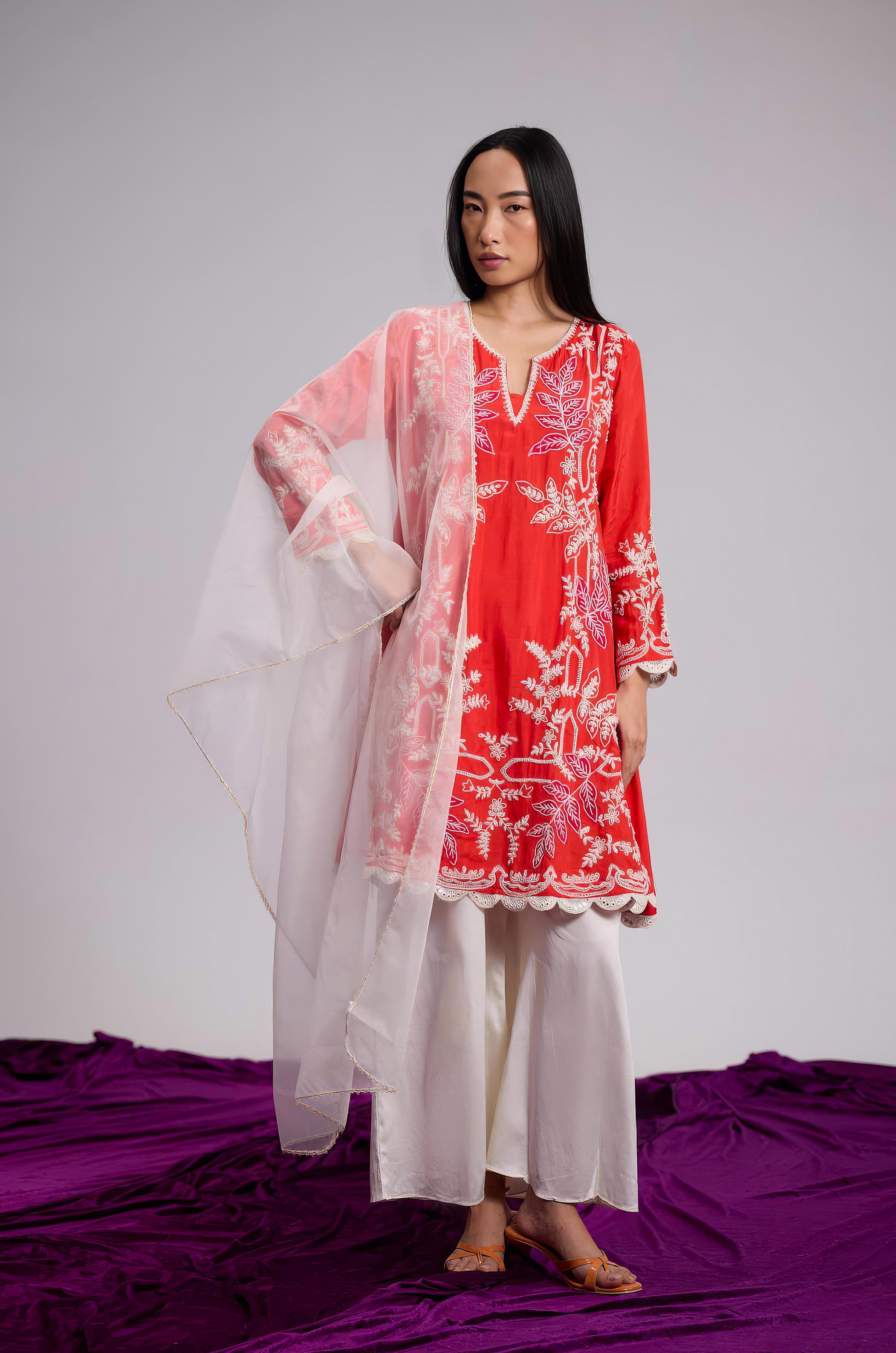 Scarlet Orange Embellished Raw Silk Palazzo Set